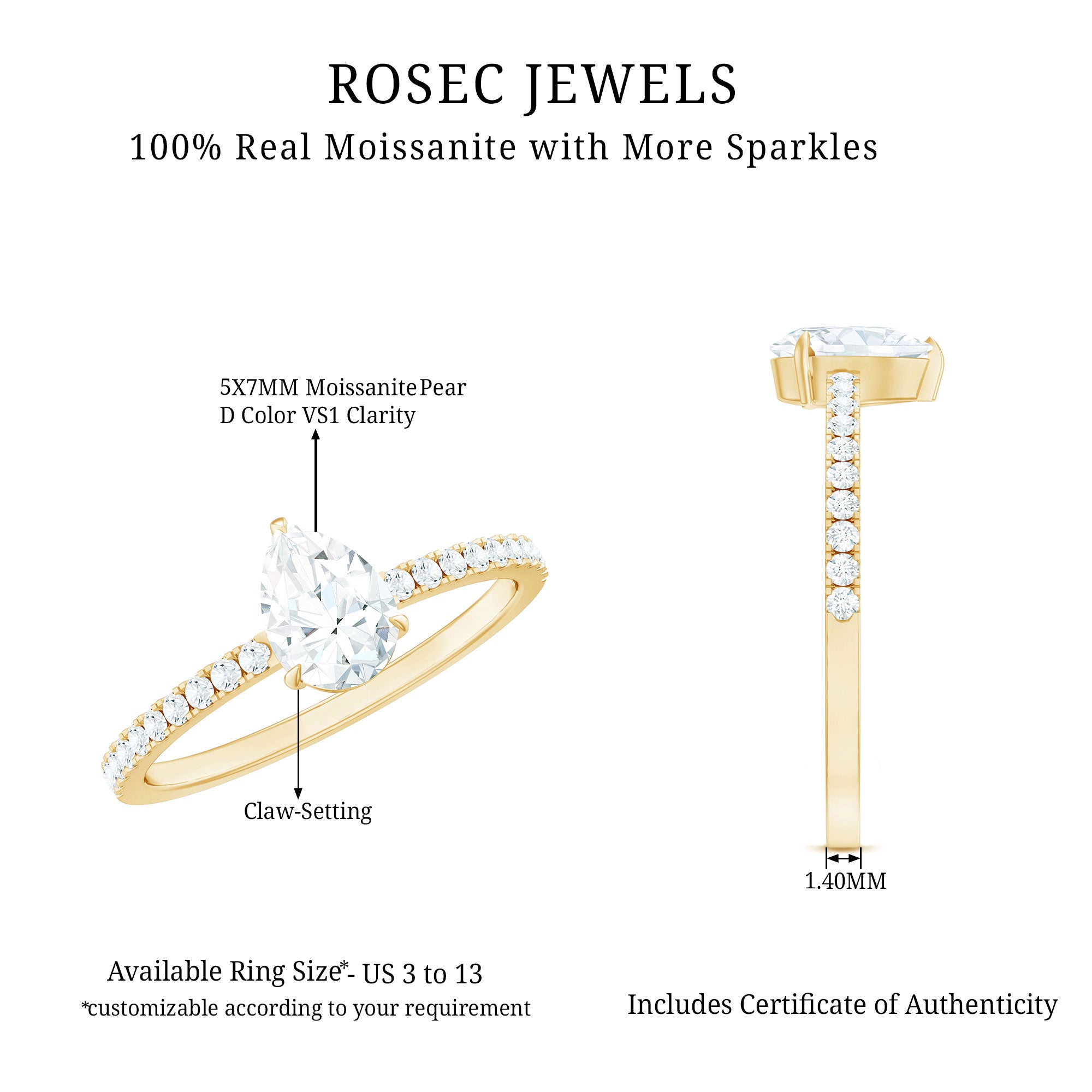Certified Moissanite Teardrop Engagement Ring with Side Stones D-VS1 - Rosec Jewels