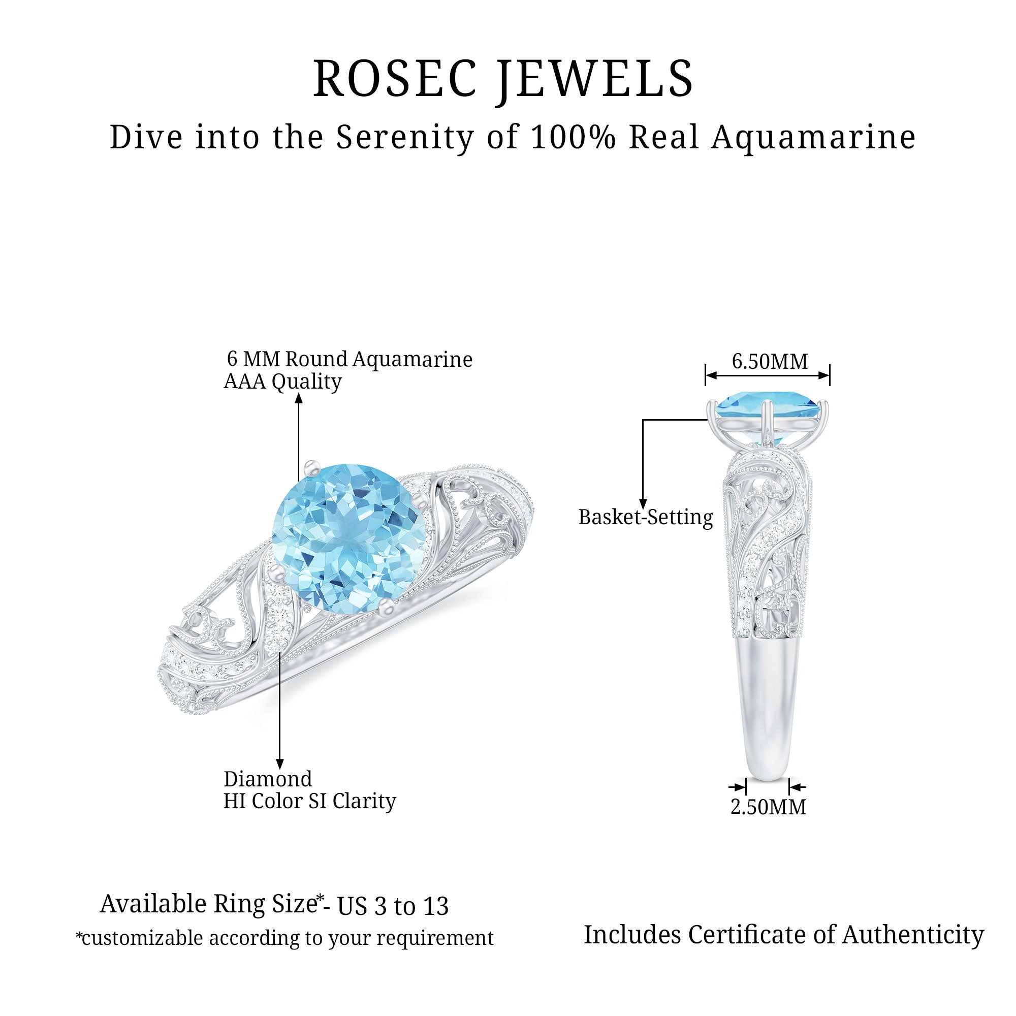 1 CT Vintage Style Aquamarine and Diamond Engagement Ring AAA - Rosec Jewels