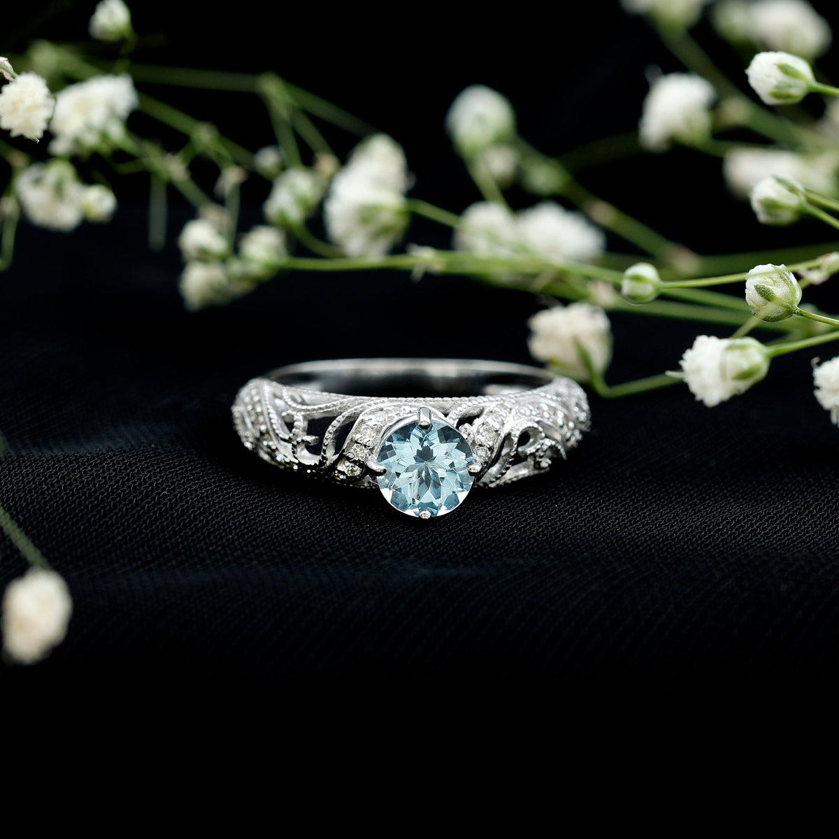 0.8 Carat Vintage Style Aquamarine and Diamond Engagement Ring AAA - Rosec Jewels
