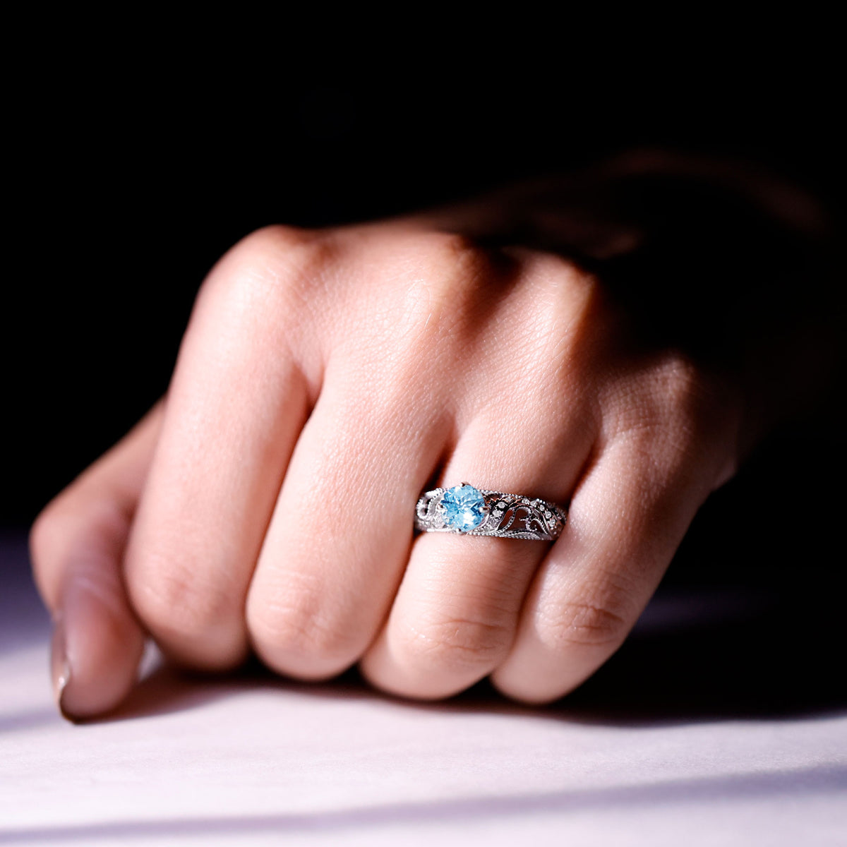 0.8 Carat Vintage Style Aquamarine and Diamond Engagement Ring AAA - Rosec Jewels