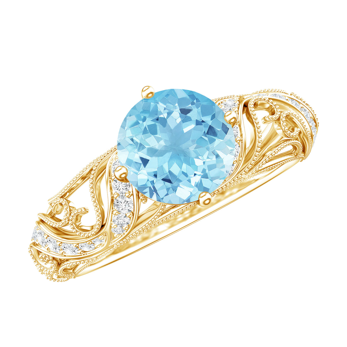0.8 Carat Vintage Style Aquamarine and Diamond Engagement Ring AAA - Rosec Jewels