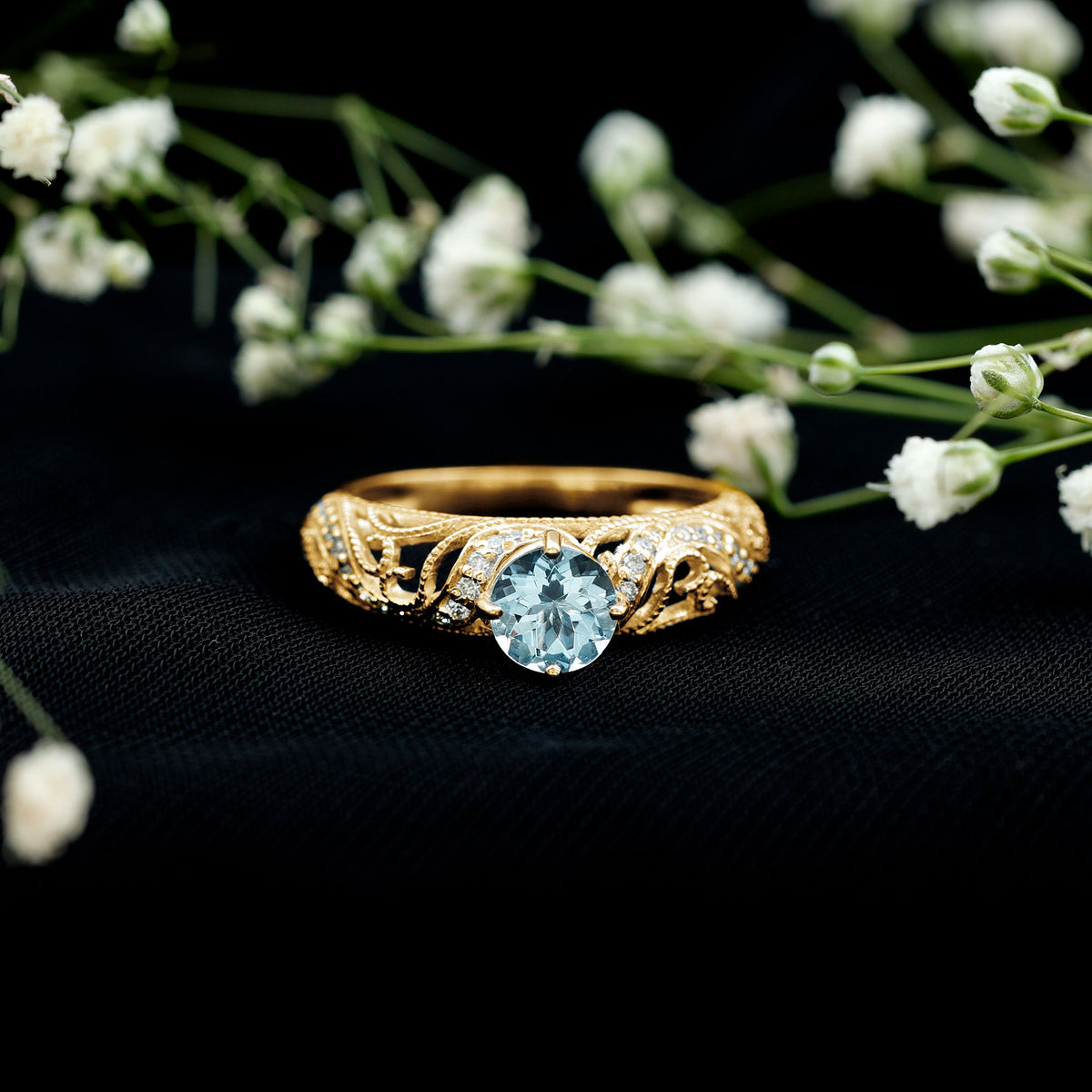 0.8 Carat Vintage Style Aquamarine and Diamond Engagement Ring AAA - Rosec Jewels