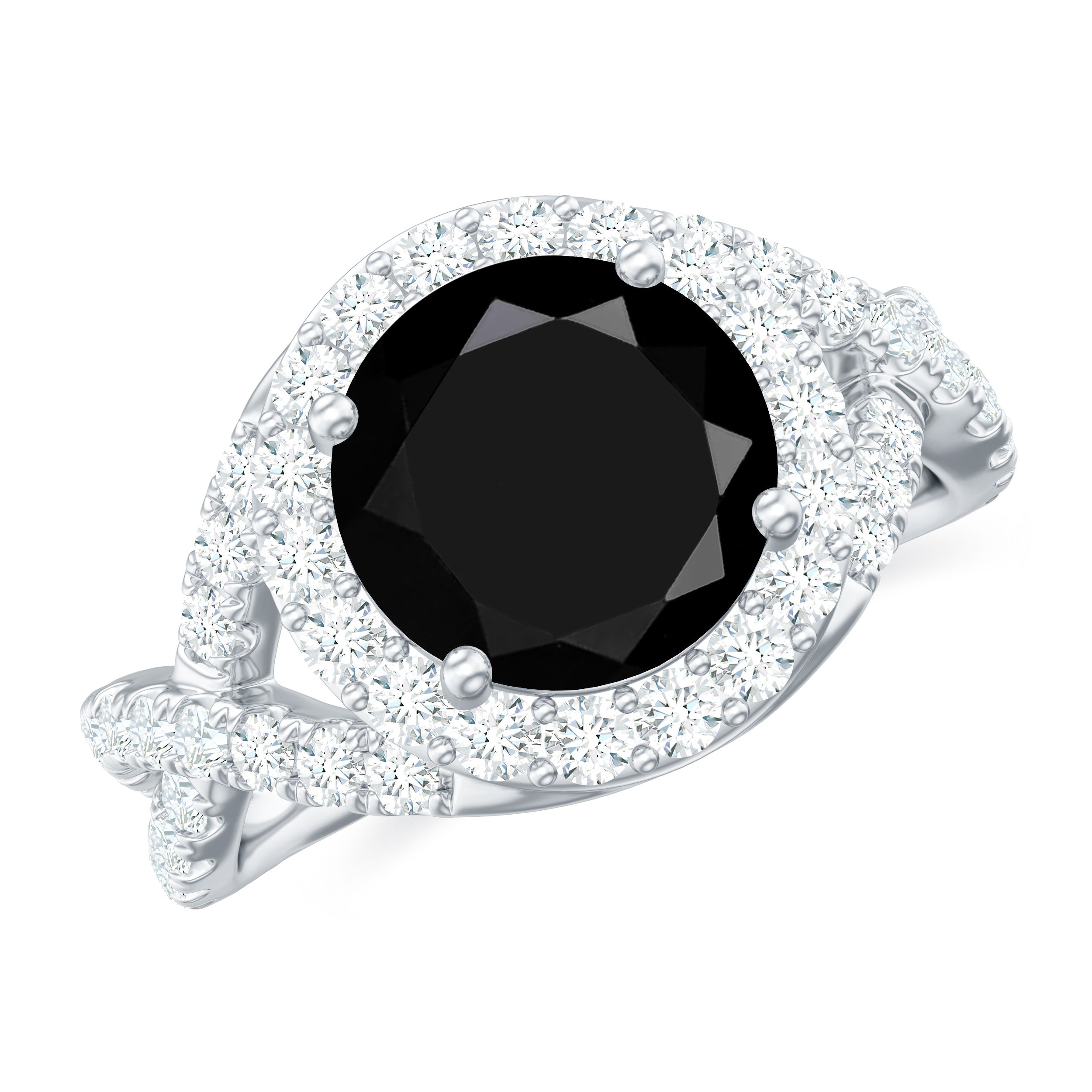 Certified 8 MM Black Onyx Crossover Engagement Ring with Moissanite Halo