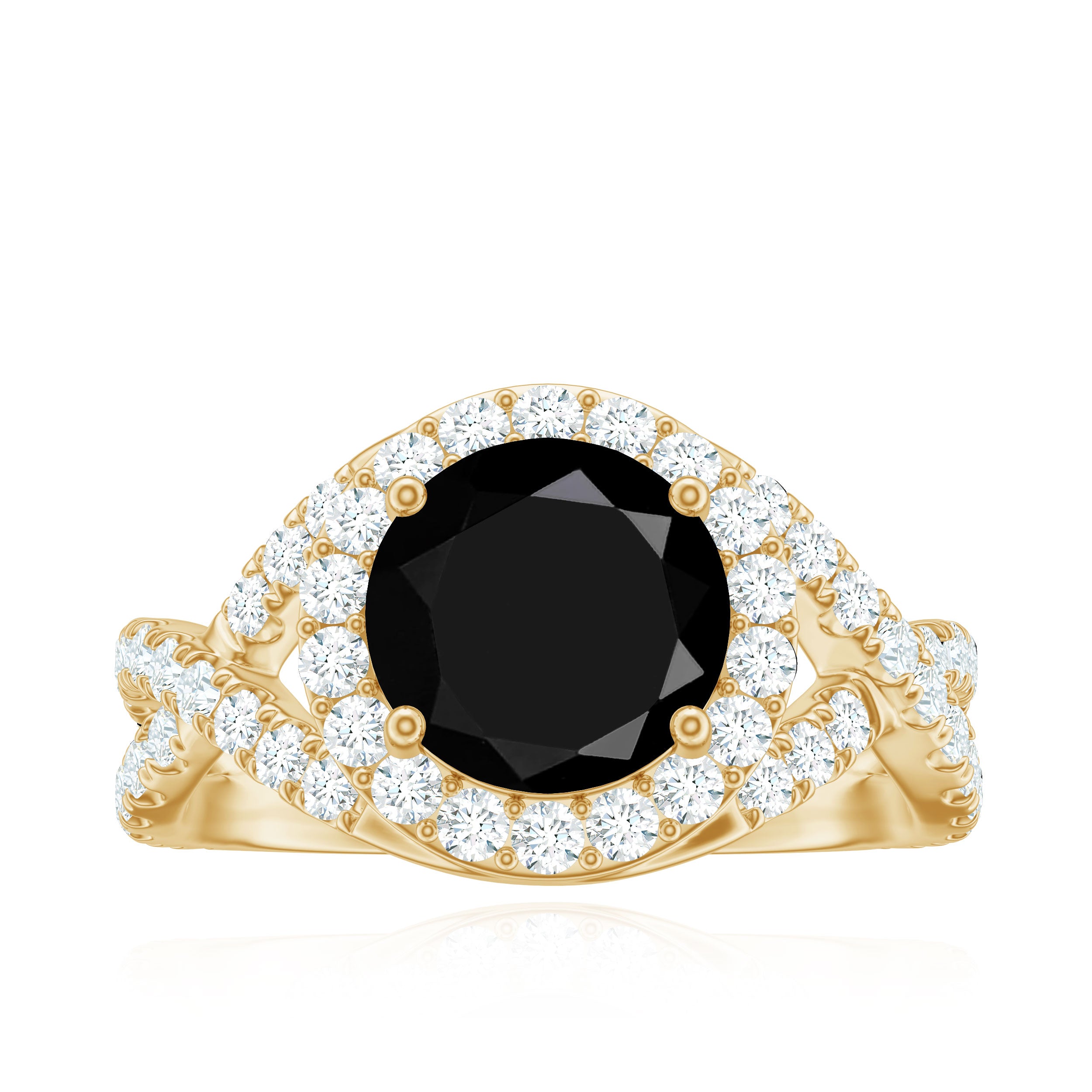 Rosec Jewels-Certified 8 MM Black Onyx Crossover Engagement Ring with Moissanite Halo