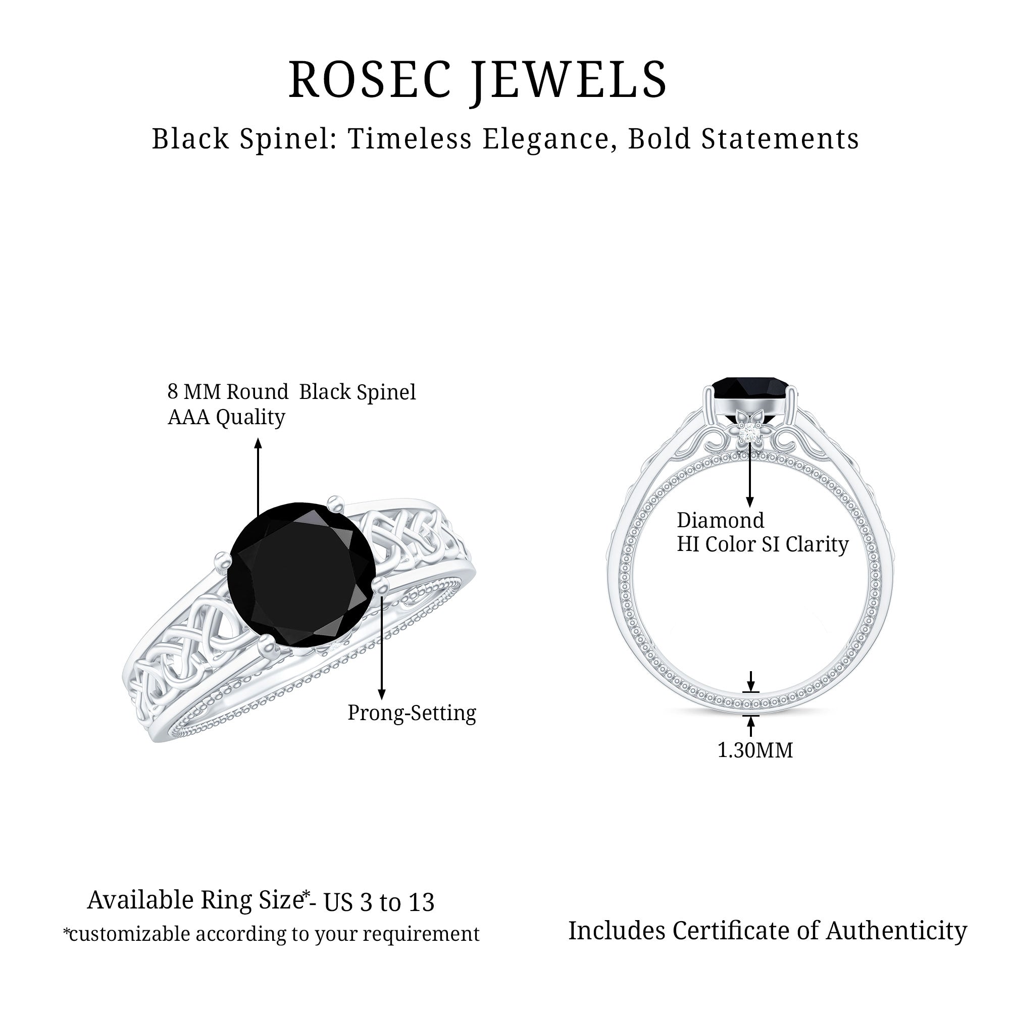 Vintage Style Black Spinel Diamond Engagement Ring with Celtic Knot AAA - Rosec Jewels