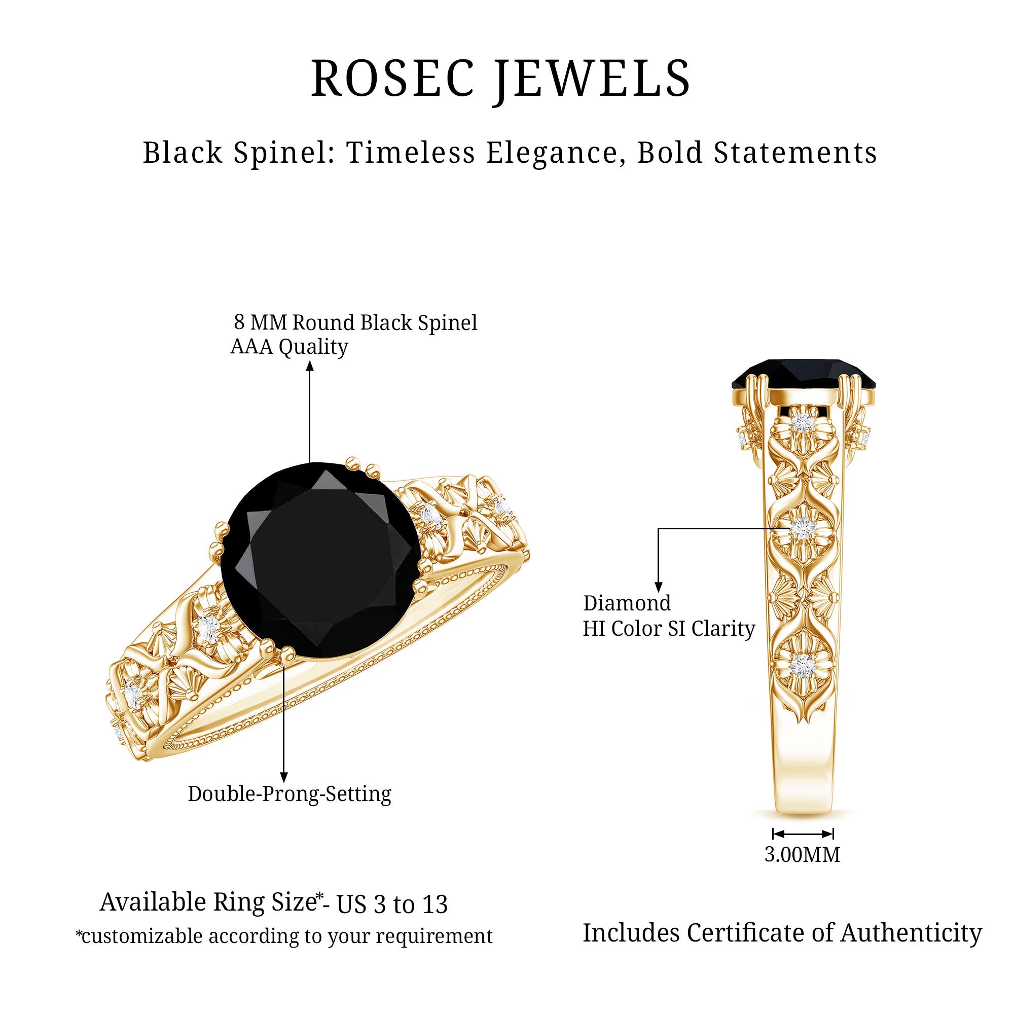 Nature Inspired Black Spinel Solitaire Engagement Ring with Diamond AAA - Rosec Jewels