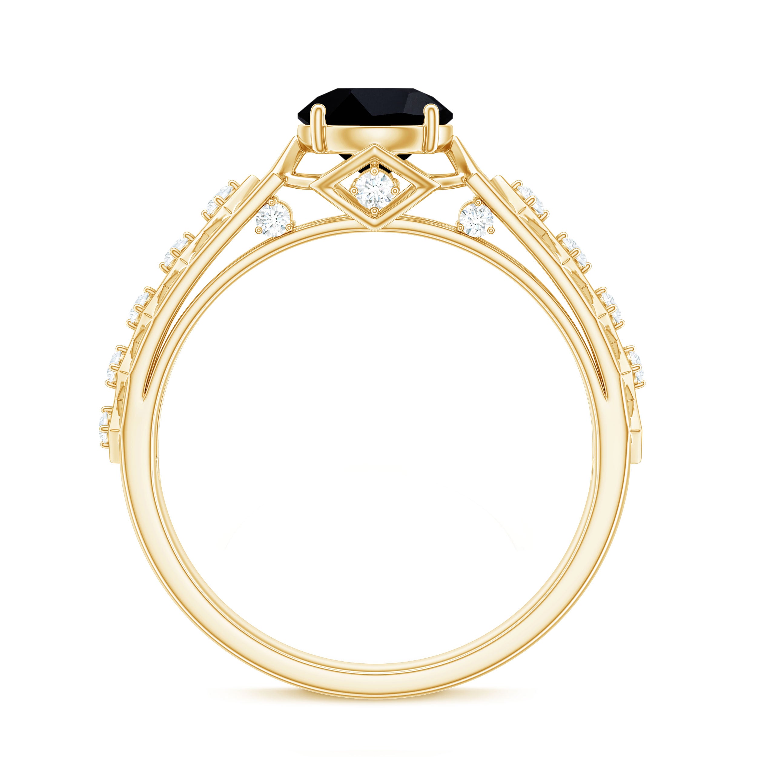 Art Deco Inspired Black Spinel Solitaire Engagement Ring with Diamond AAA - Rosec Jewels