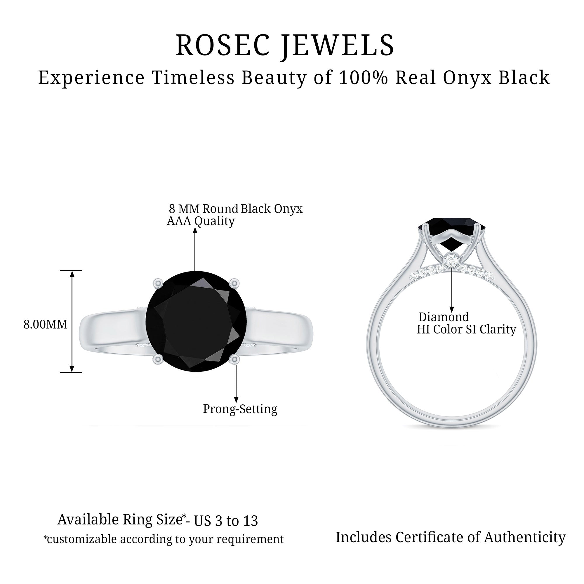 Genuine 2 Carat Black Onyx Engagement Ring with Surprise Diamond AAA - Rosec Jewels