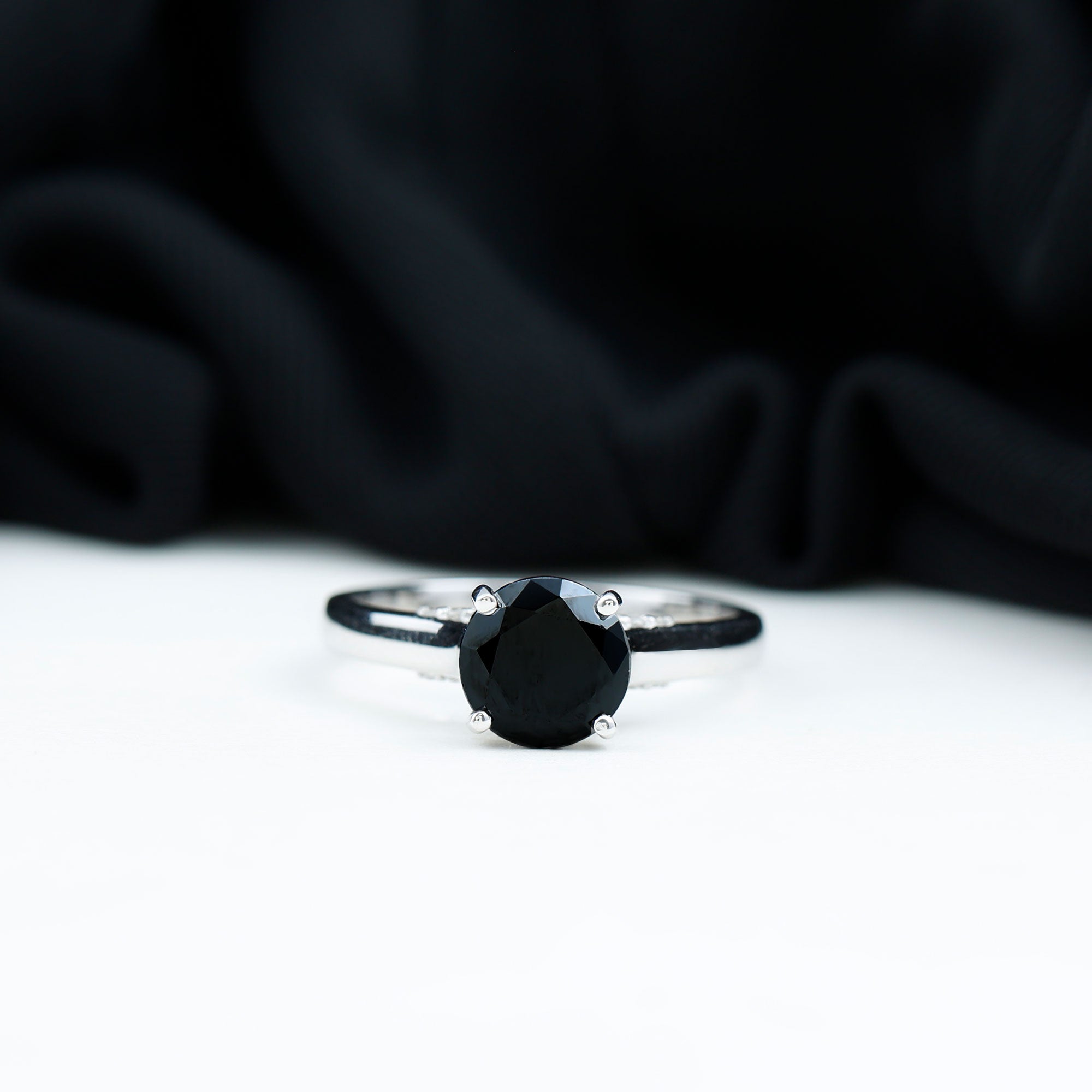 Genuine 2 Carat Black Onyx Engagement Ring with Surprise Diamond AAA - Rosec Jewels
