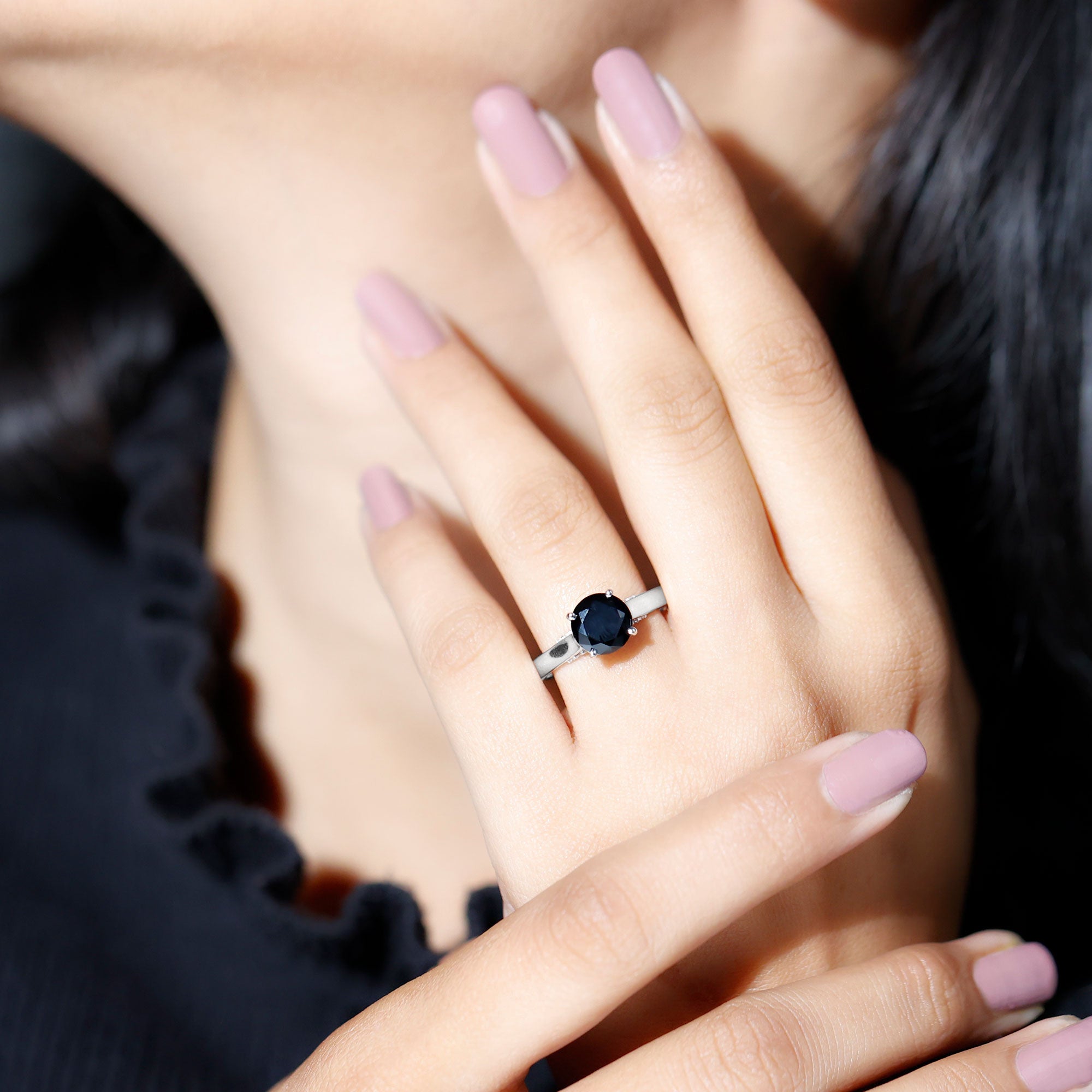 Genuine 2 Carat Black Onyx Engagement Ring with Surprise Diamond AAA - Rosec Jewels