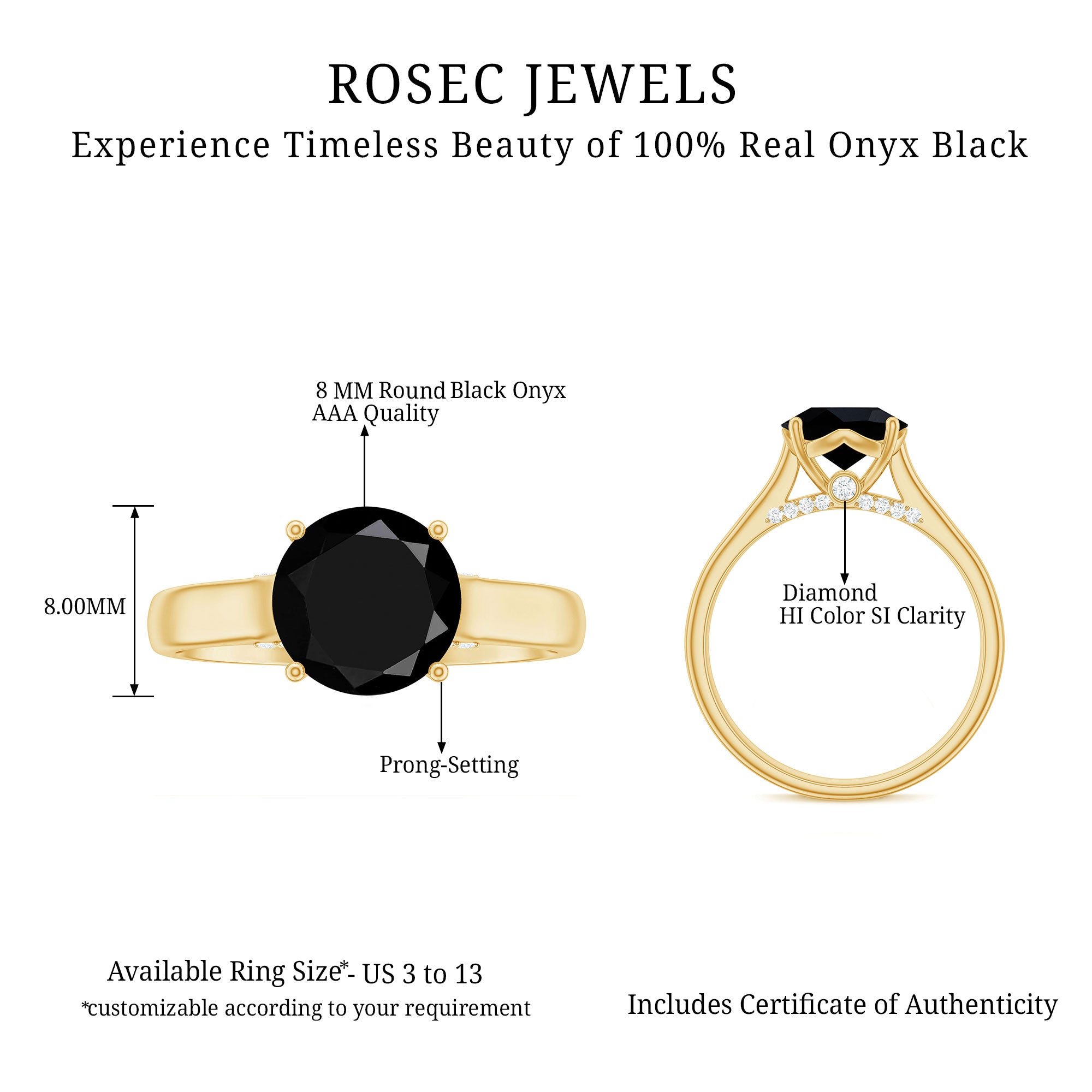 Genuine 2 Carat Black Onyx Engagement Ring with Surprise Diamond AAA - Rosec Jewels