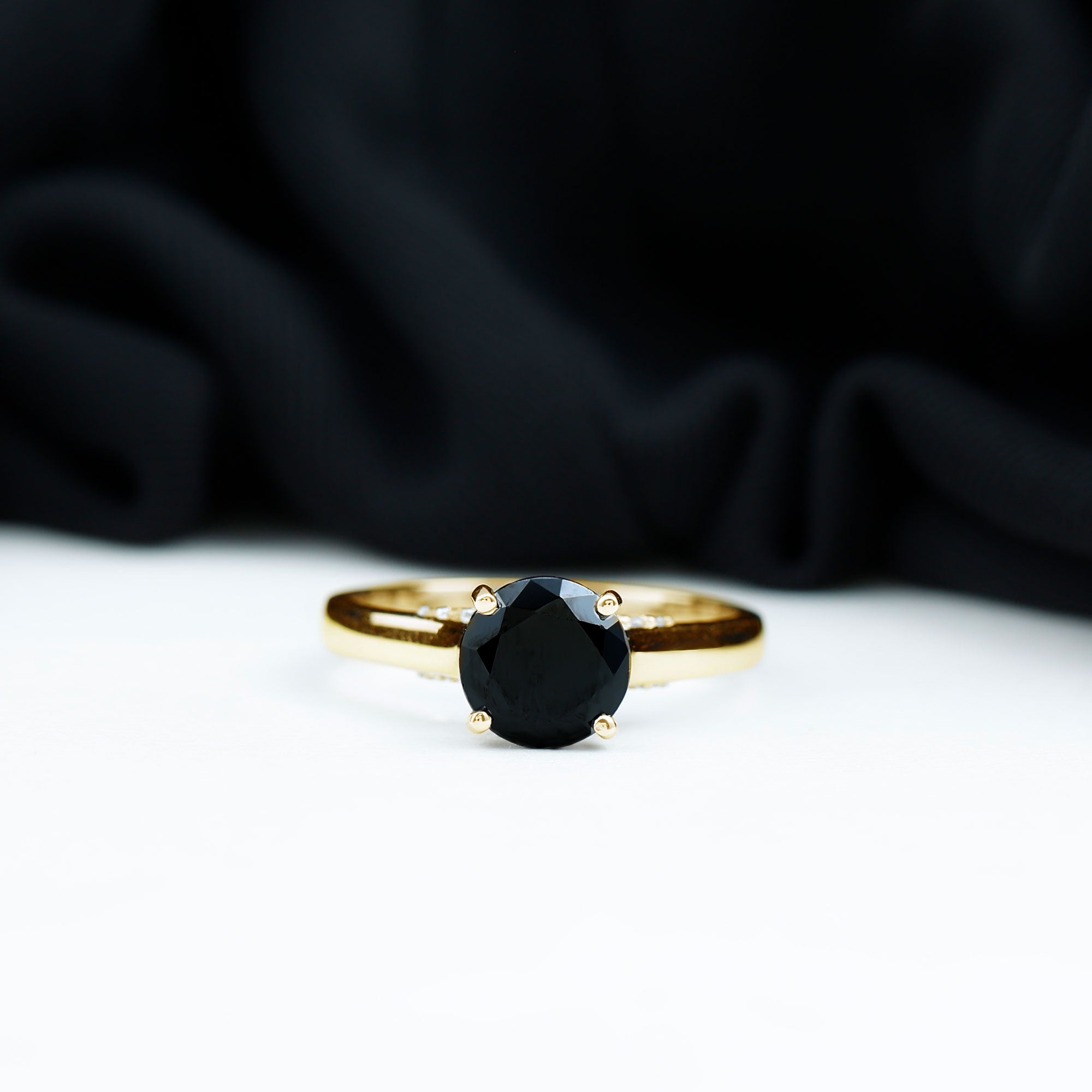 Genuine 2 Carat Black Onyx Engagement Ring with Surprise Diamond AAA - Rosec Jewels