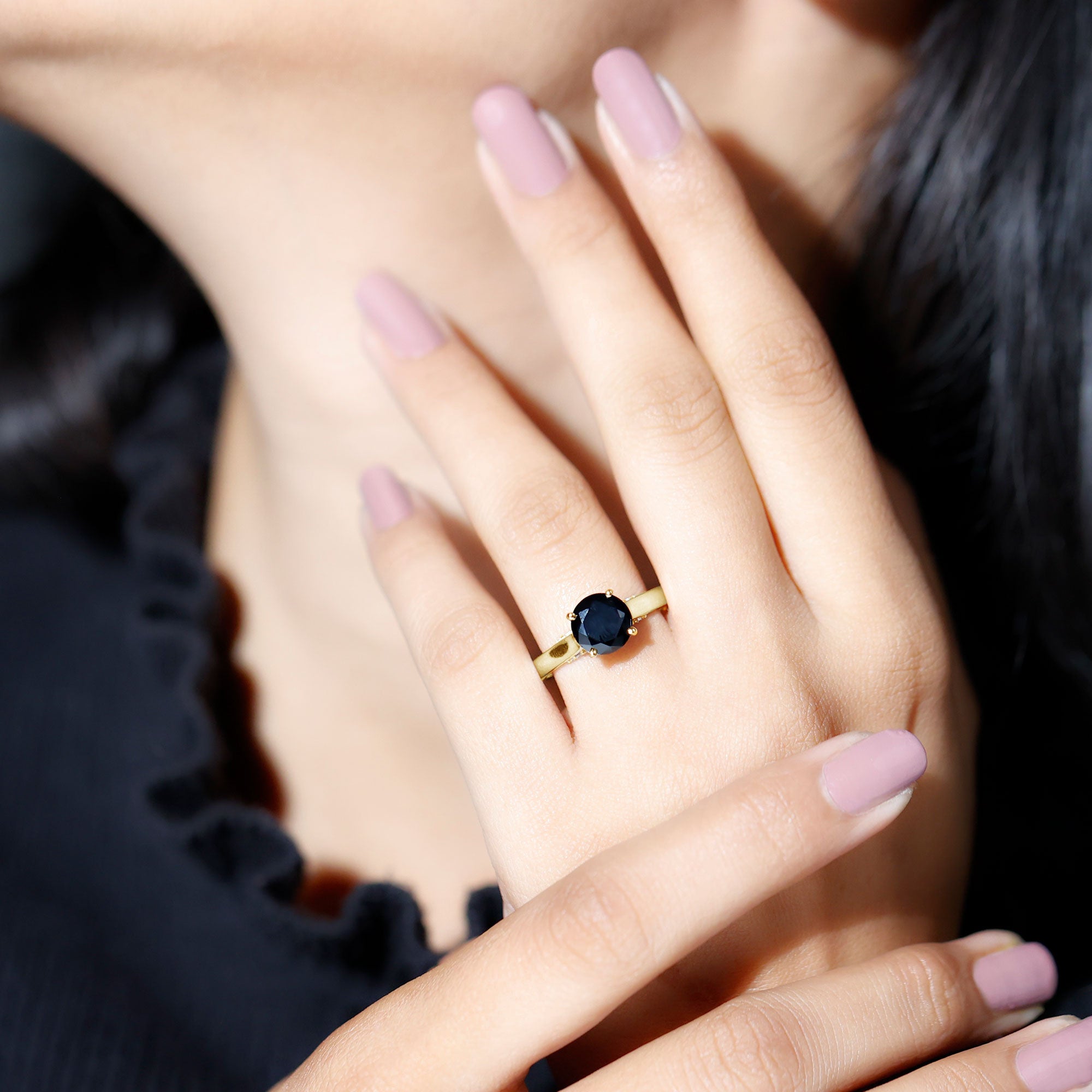 Genuine 2 Carat Black Onyx Engagement Ring with Surprise Diamond AAA - Rosec Jewels