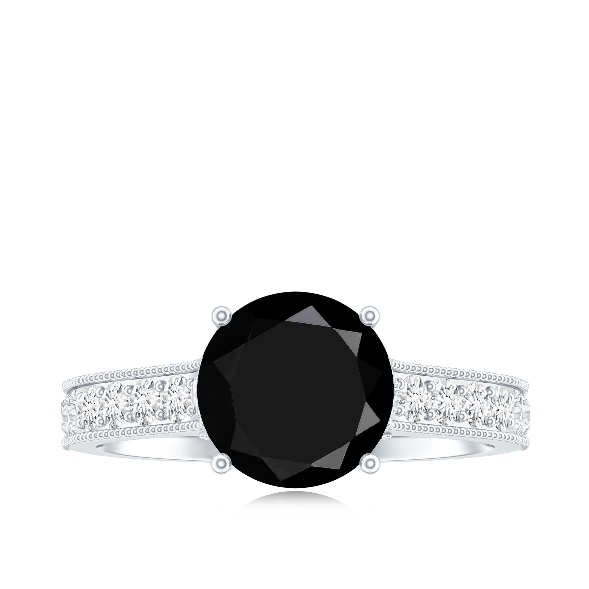 Natural Black Spinel Solitaire Engagement Ring with Diamond Side Stones AAA - Rosec Jewels
