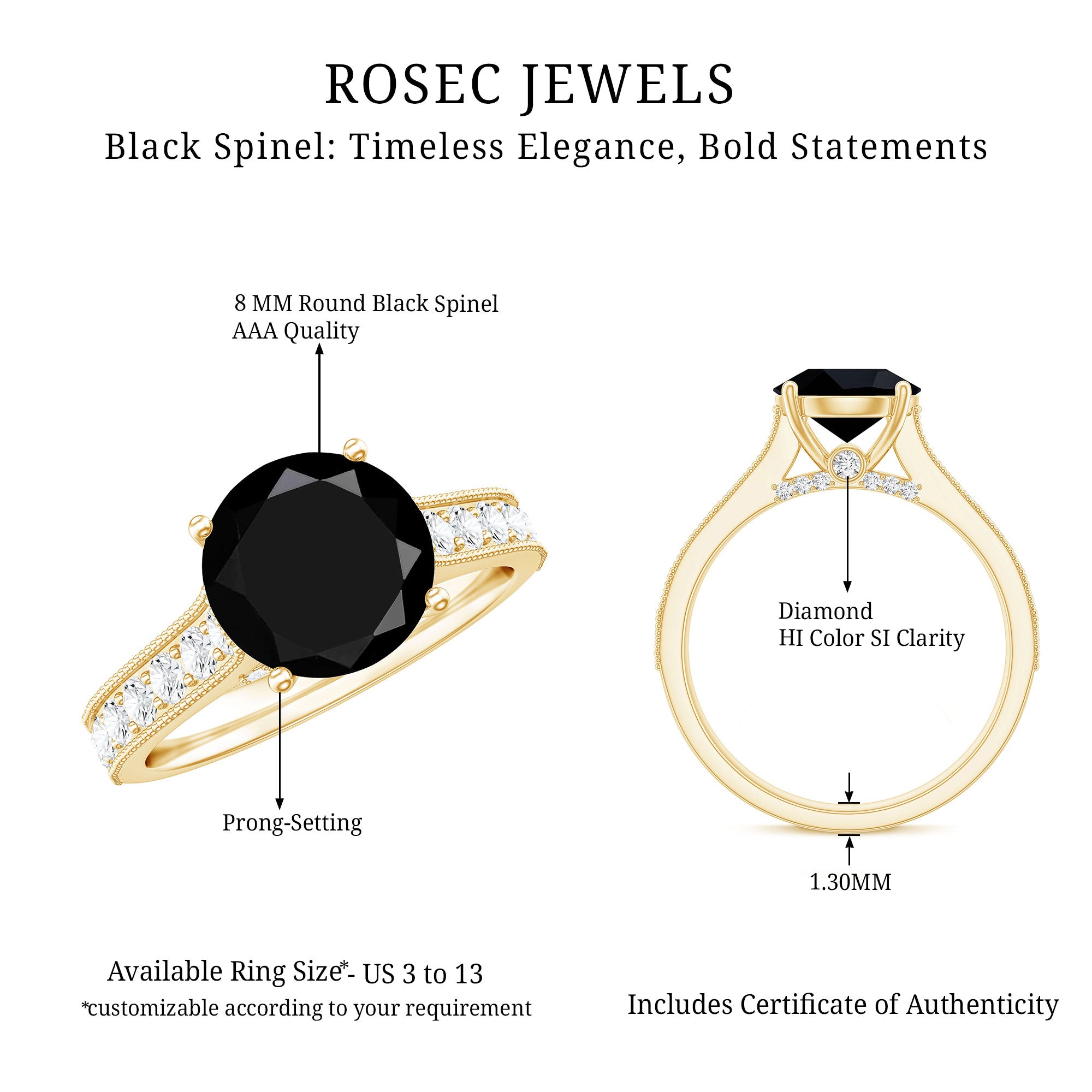 Natural Black Spinel Solitaire Engagement Ring with Diamond Side Stones AAA - Rosec Jewels
