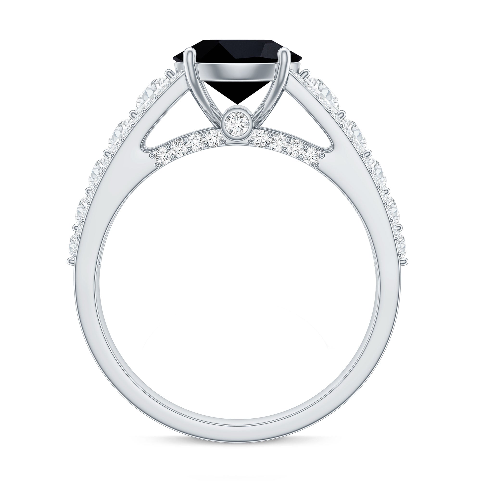 8mm Round Black Onyx Statement Engagement Ring with Moissanite Side Stones AAA - Rosec Jewels