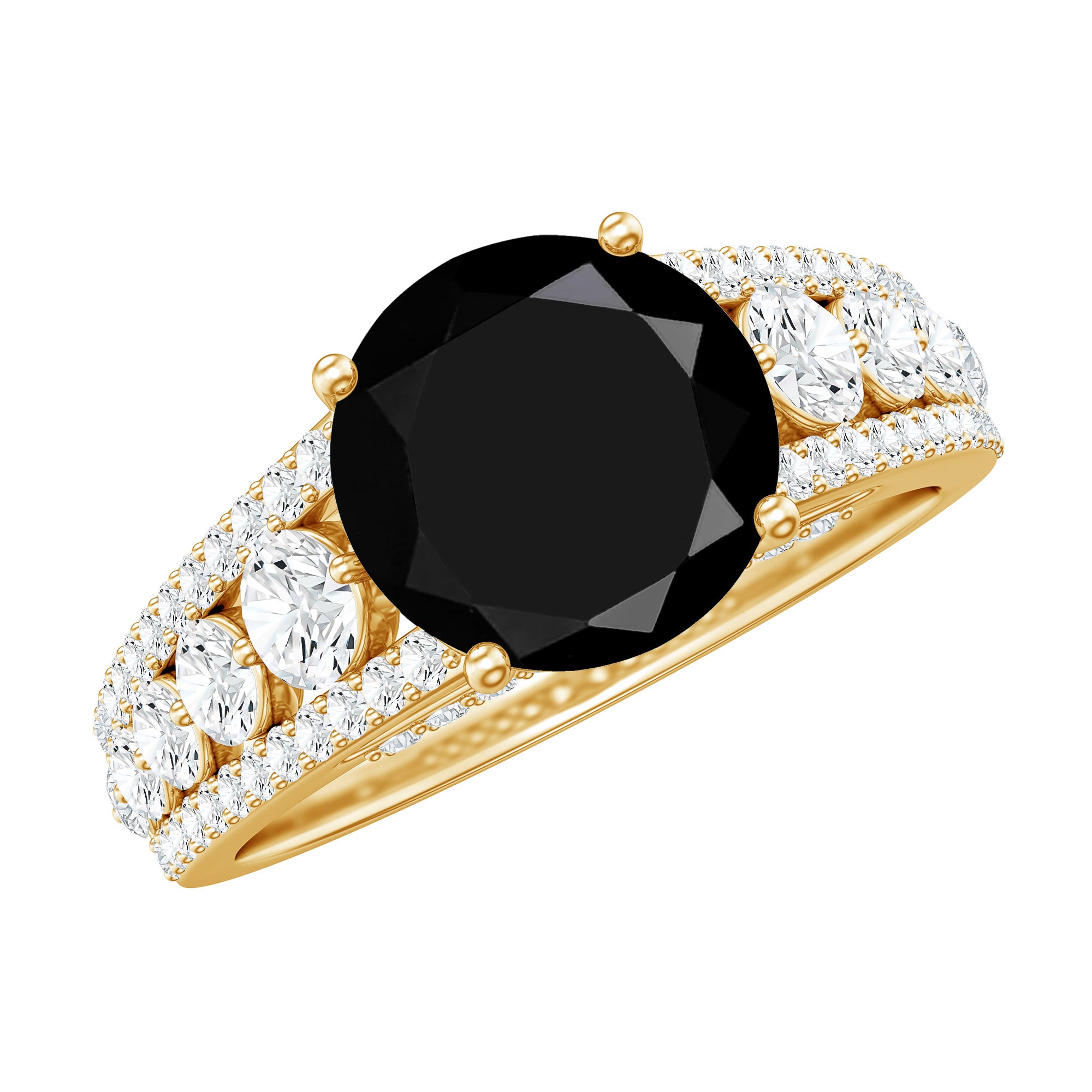8mm Round Black Onyx Statement Engagement Ring with Moissanite Side Stones AAA - Rosec Jewels
