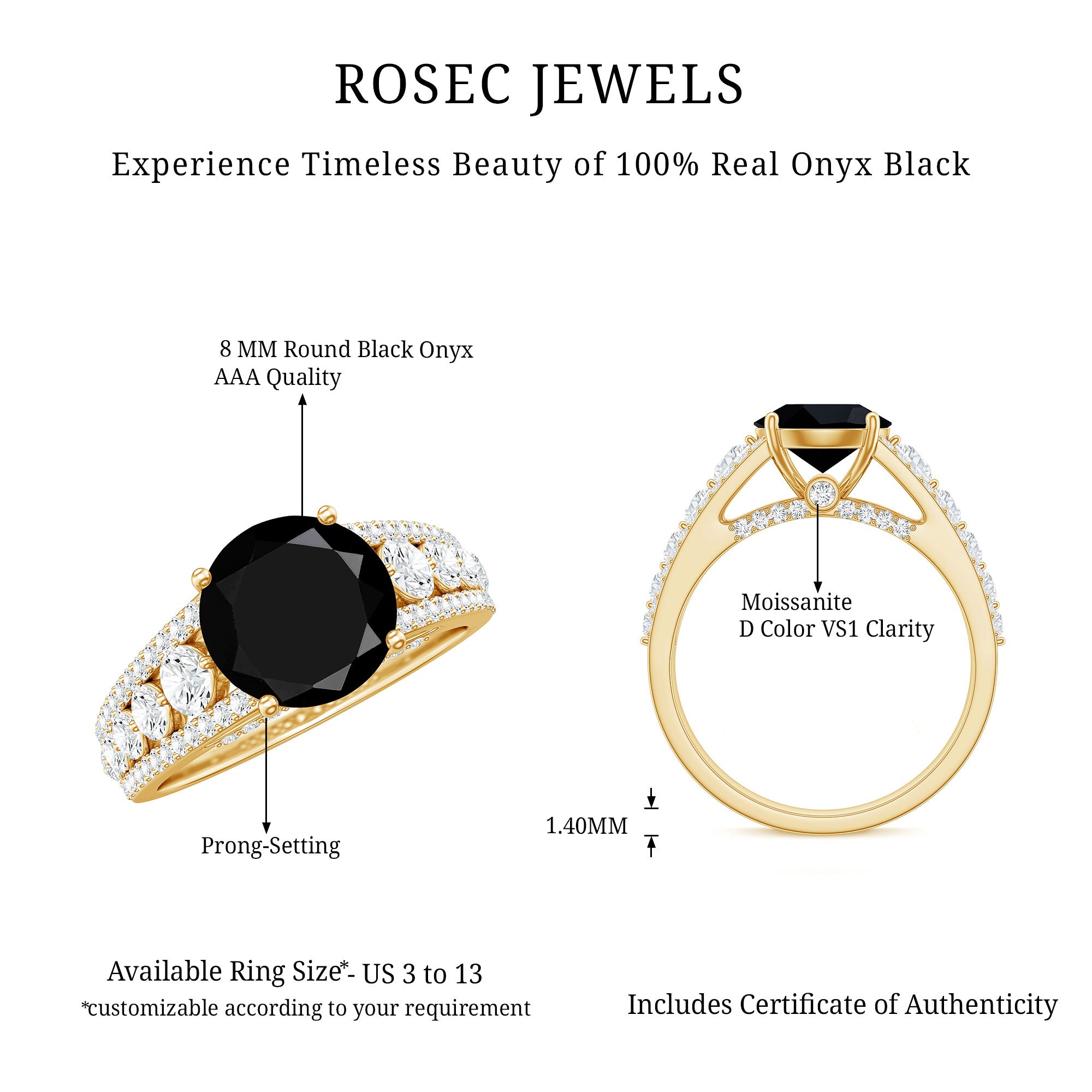 8mm Round Black Onyx Statement Engagement Ring with Moissanite Side Stones AAA - Rosec Jewels