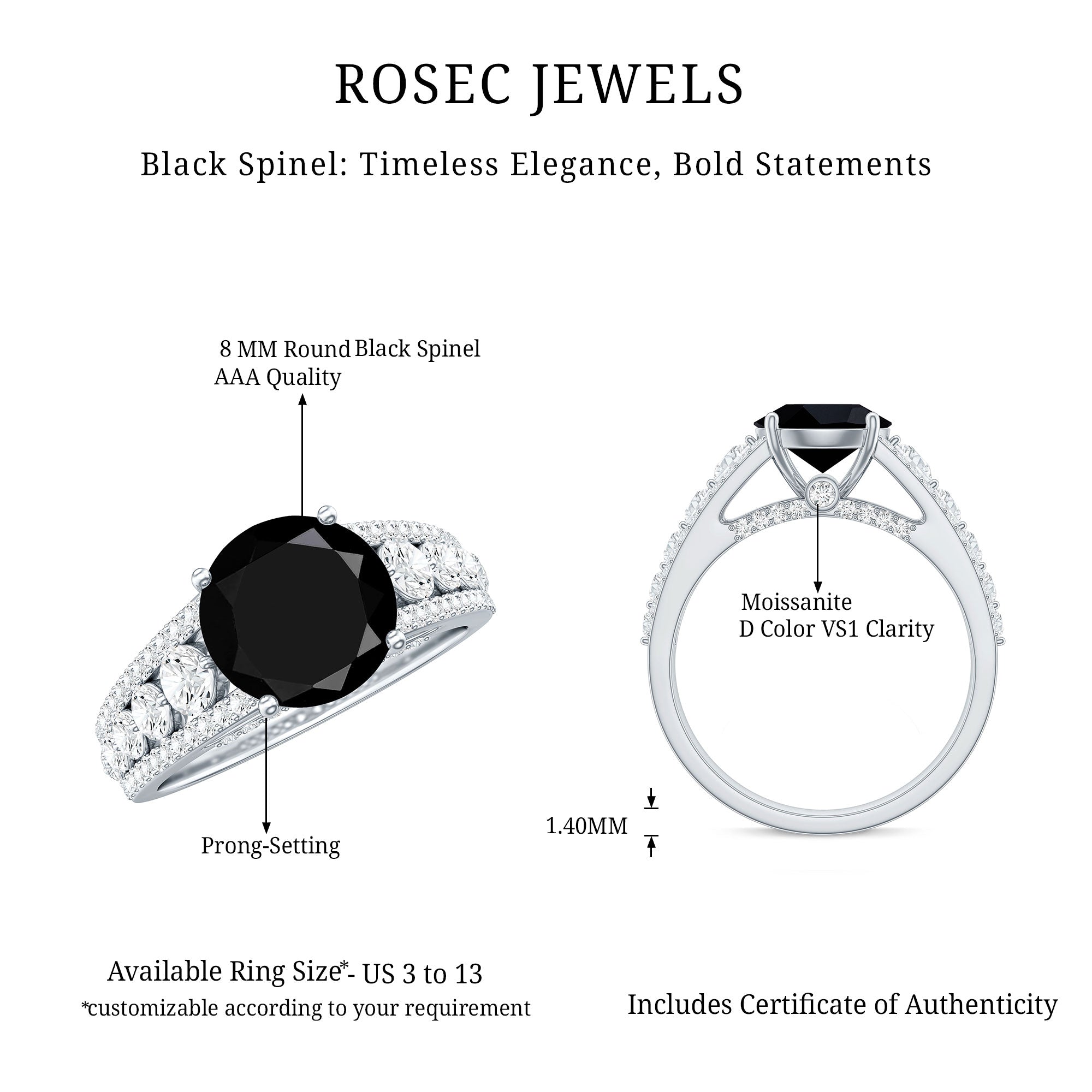 Real 2.5 Carat Black Spinel Engagement Ring with Moissanite Side Stones AAA - Rosec Jewels