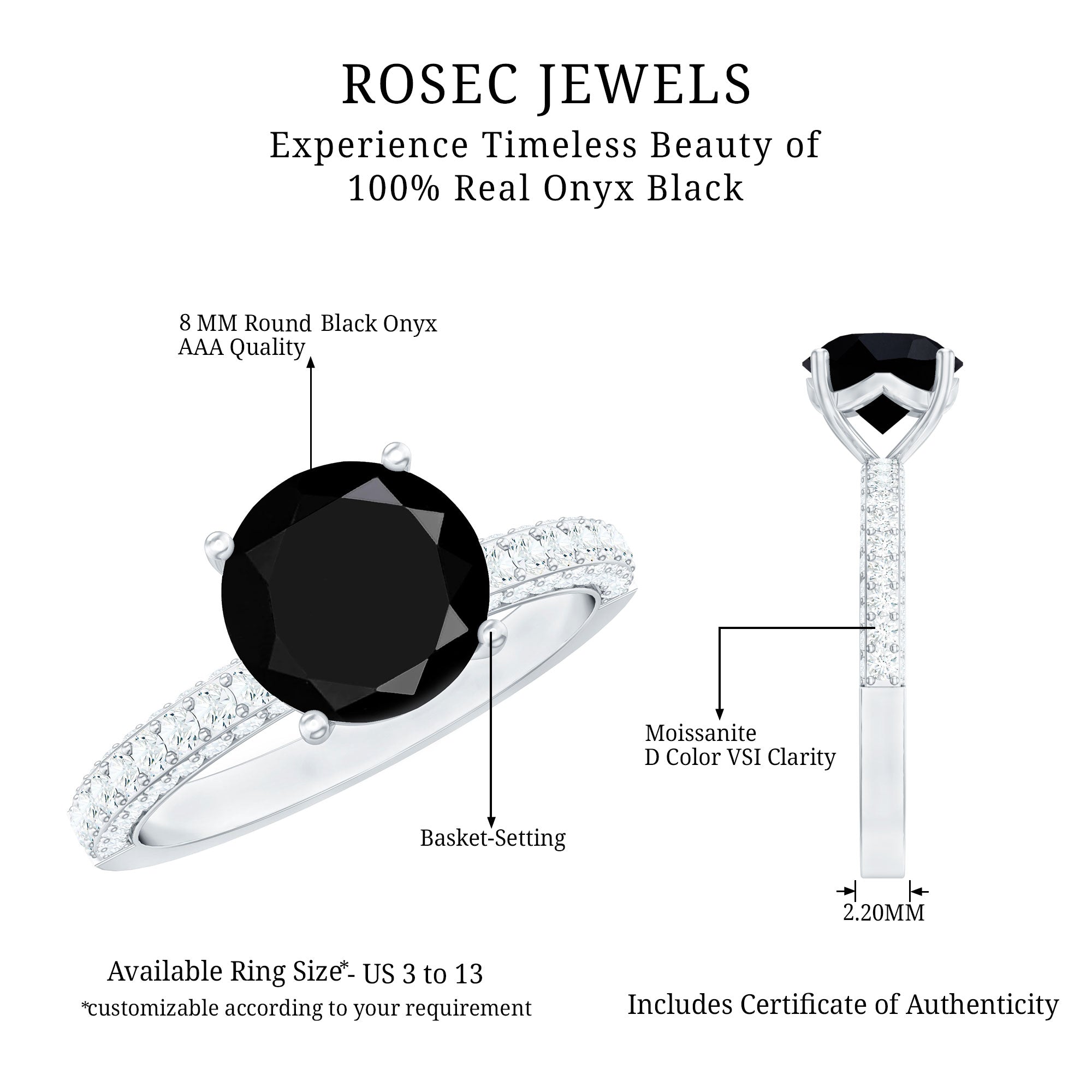 Solitaire 8MM Black Onyx Engagement Ring with Moissanite AAA - Rosec Jewels