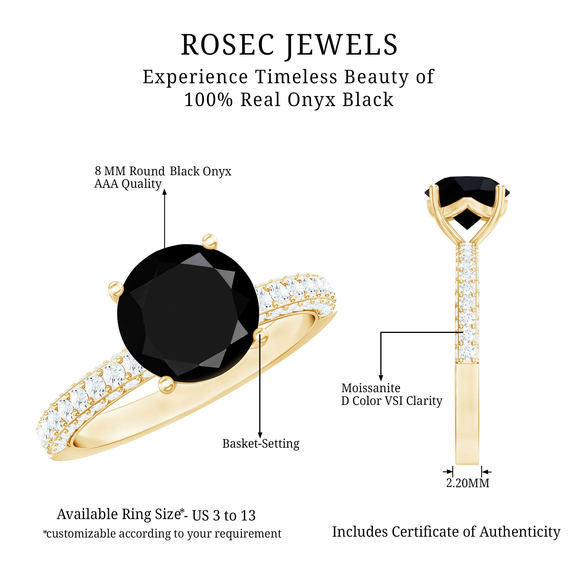 Solitaire 8MM Black Onyx Engagement Ring with Moissanite AAA - Rosec Jewels