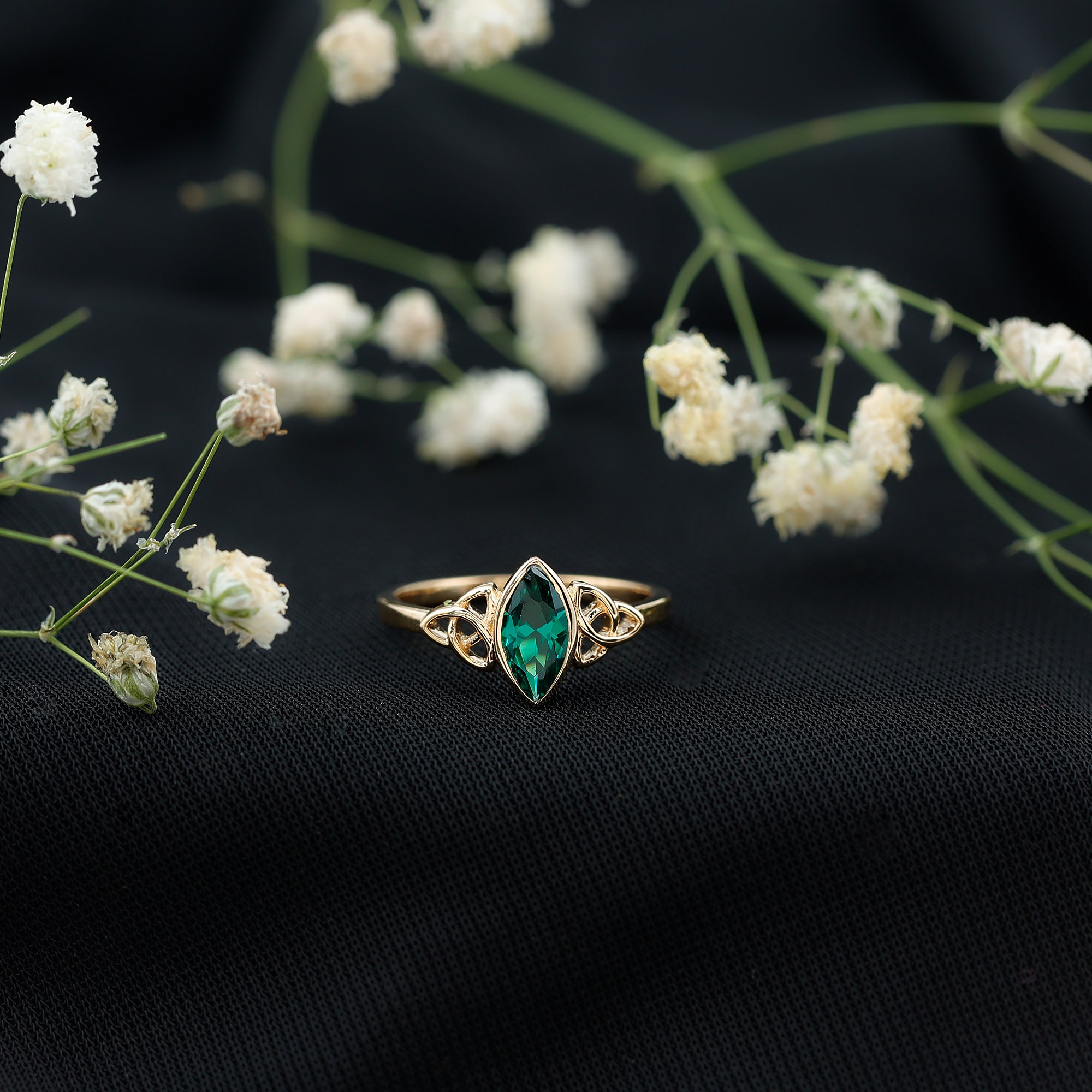 Certified 0.6 Carat Lab Grown Emerald Marquise Promise Ring with Celtic Knot AAAA - Rosec Jewels