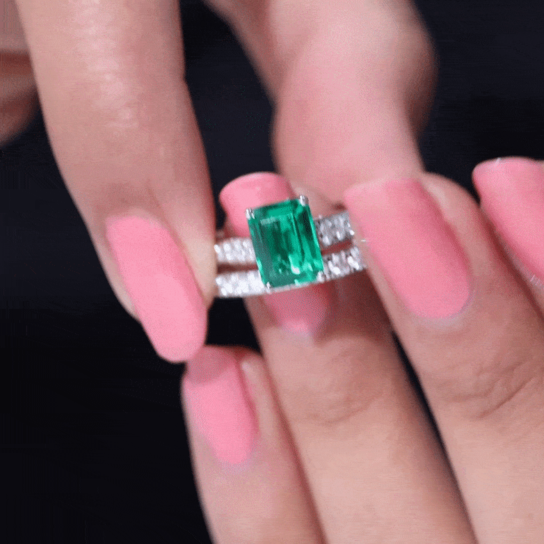 Lab Grown 6X8 mm Emerald Cut Emerald Engagement Ring with Wedding Band AAAA - Rosec Jewels
