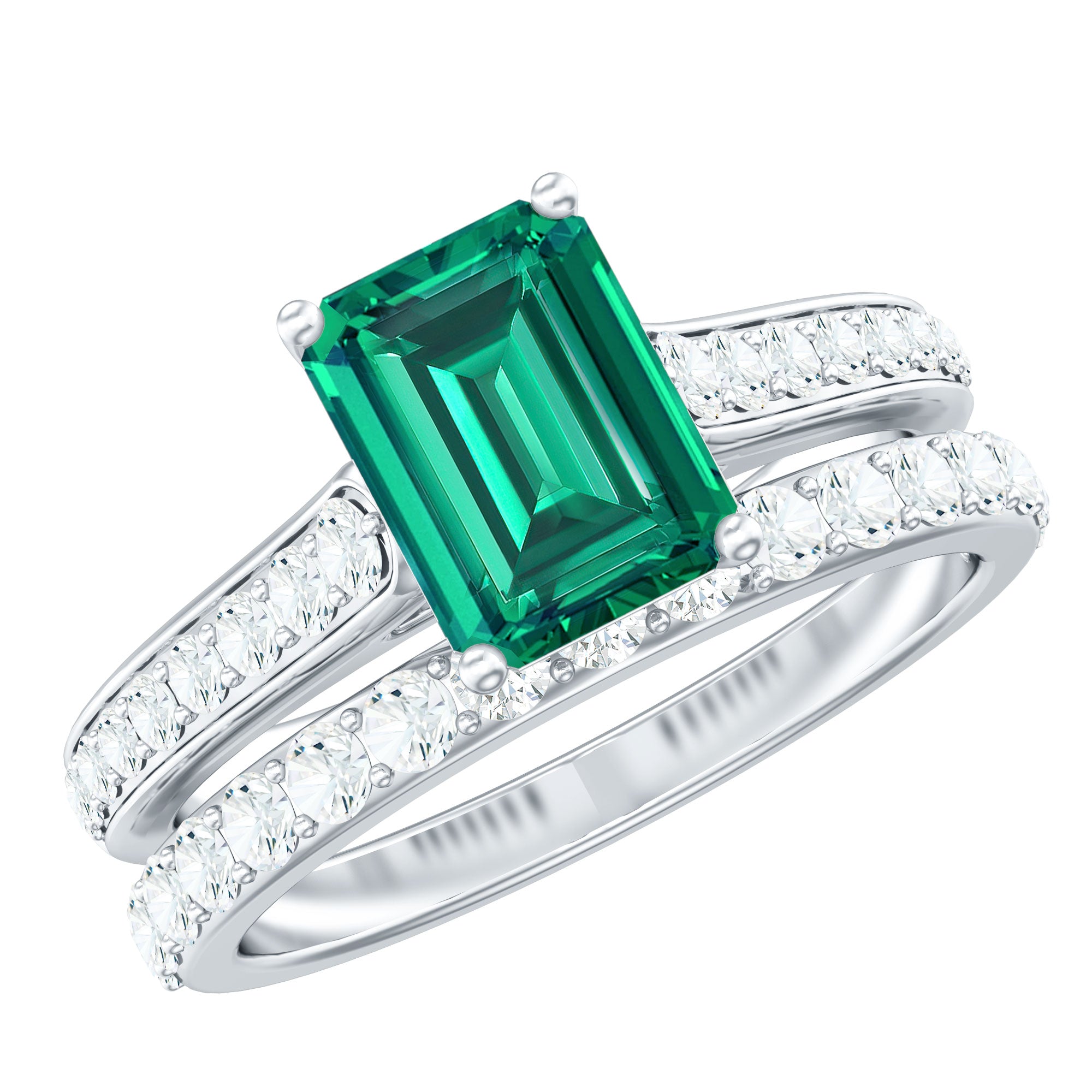 Lab Grown 6X8 mm Emerald Cut Emerald Engagement Ring with Wedding Band AAAA - Rosec Jewels