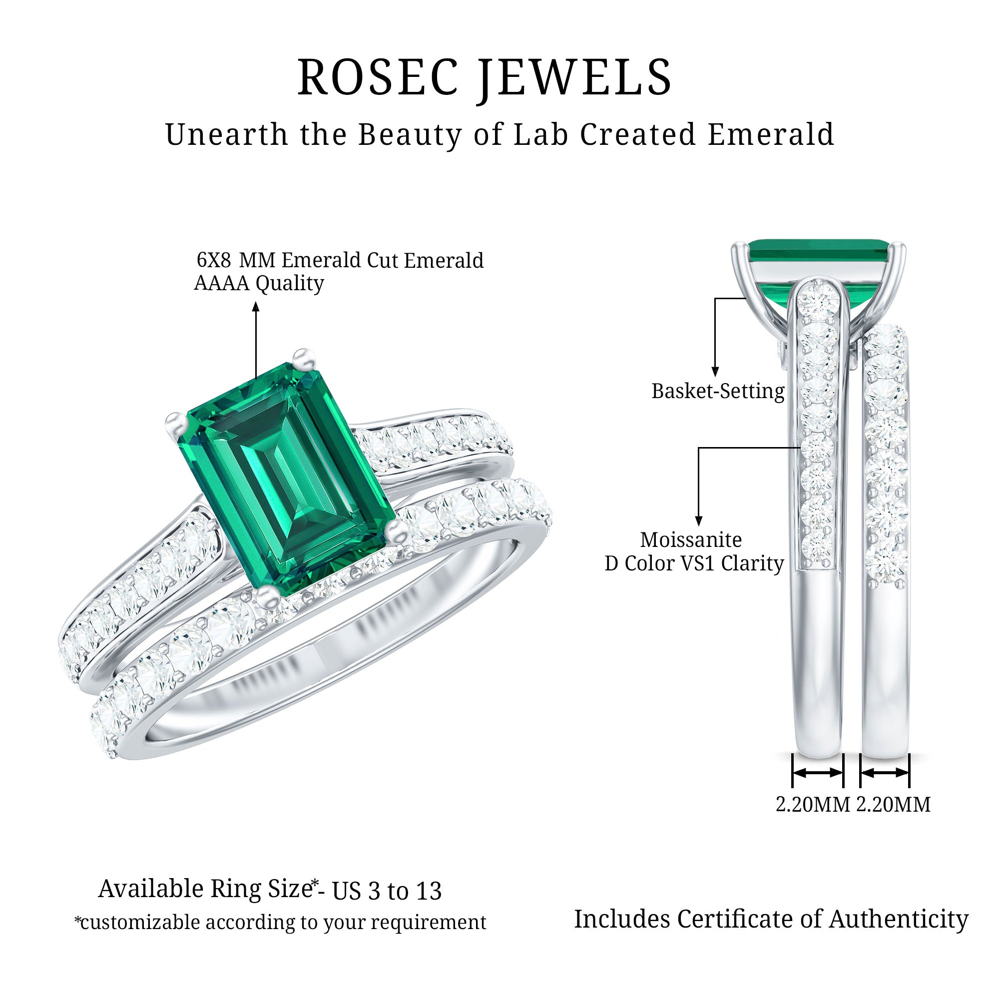 Lab Grown 6X8 mm Emerald Cut Emerald Engagement Ring with Wedding Band AAAA - Rosec Jewels