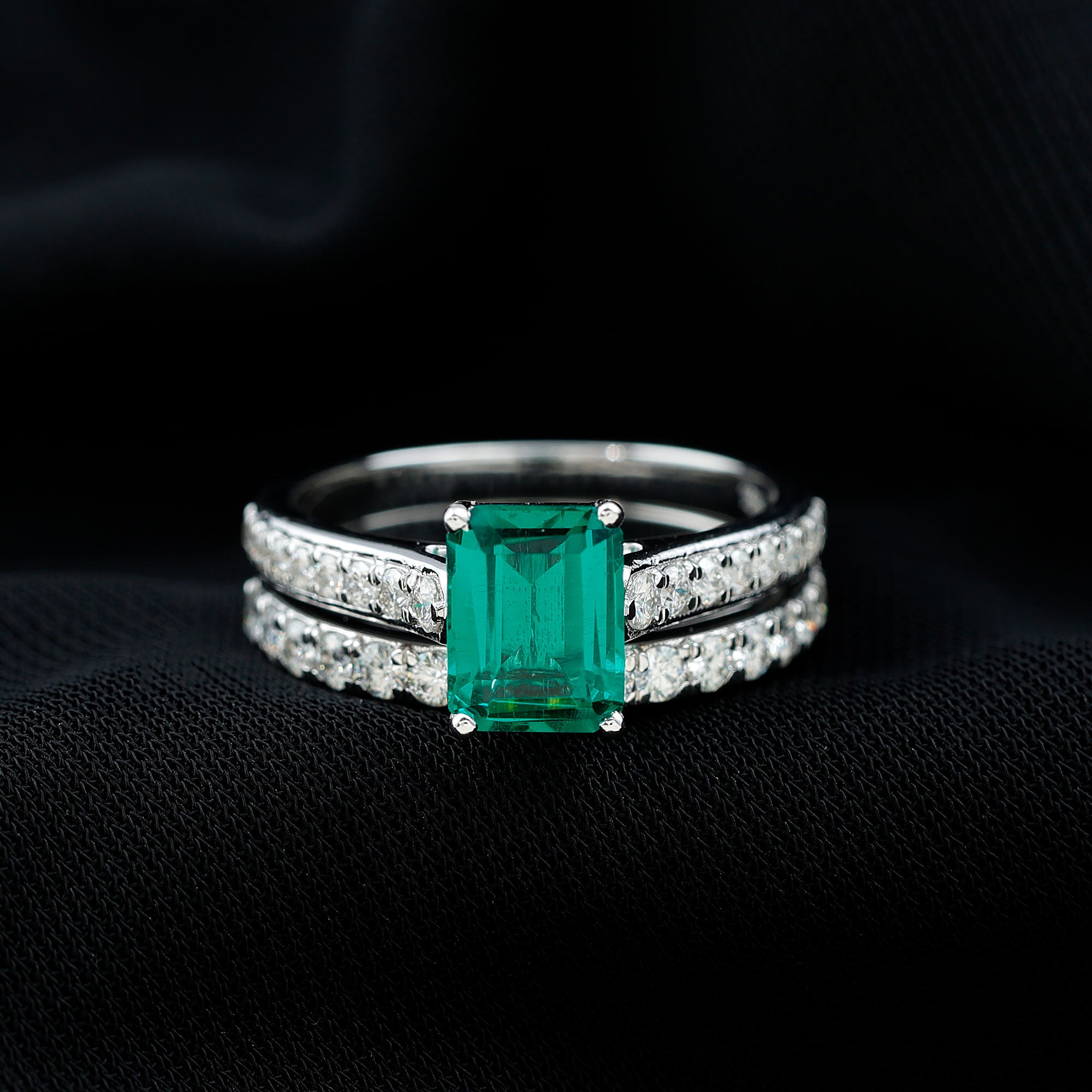 Lab Grown 6X8 mm Emerald Cut Emerald Engagement Ring with Wedding Band AAAA - Rosec Jewels