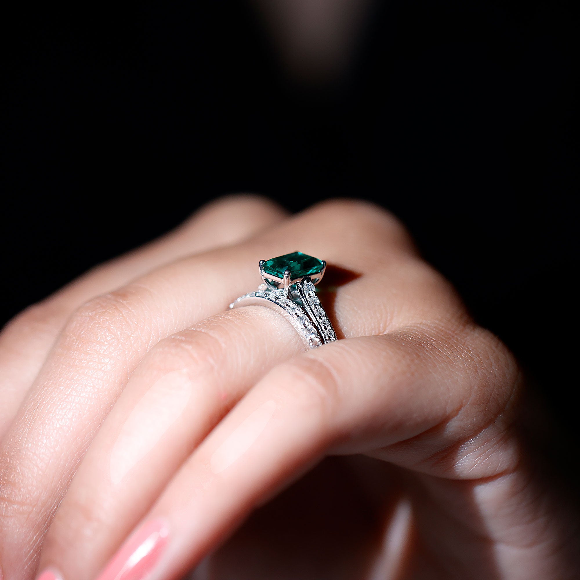 Lab Grown 6X8 mm Emerald Cut Emerald Engagement Ring with Wedding Band AAAA - Rosec Jewels