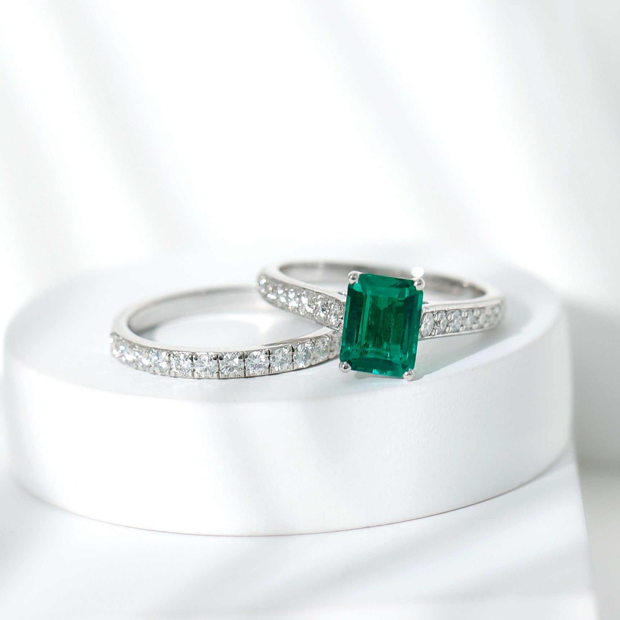 Lab Grown 6X8 mm Emerald Cut Emerald Engagement Ring with Wedding Band AAAA - Rosec Jewels