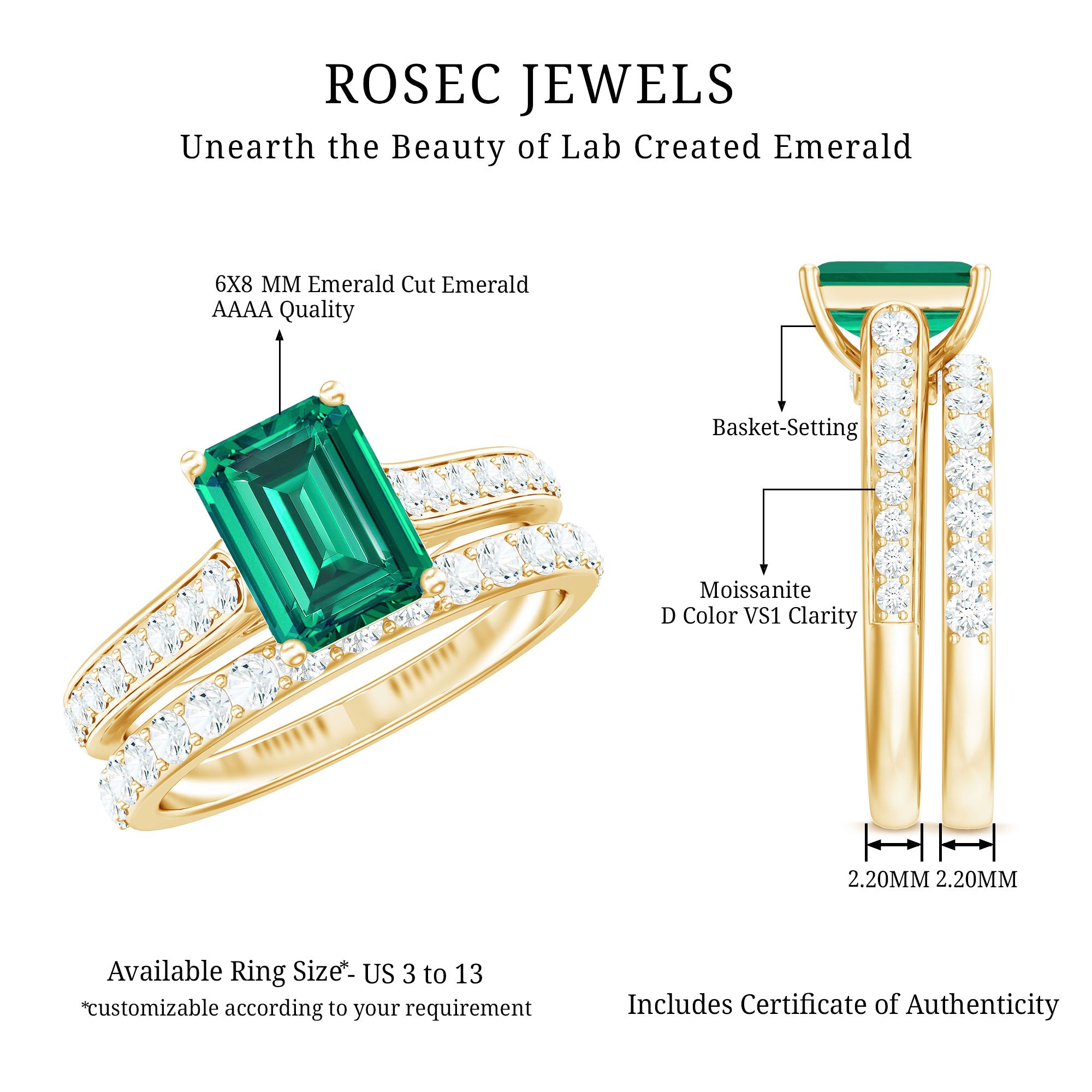 Lab Grown 6X8 mm Emerald Cut Emerald Engagement Ring with Wedding Band AAAA - Rosec Jewels