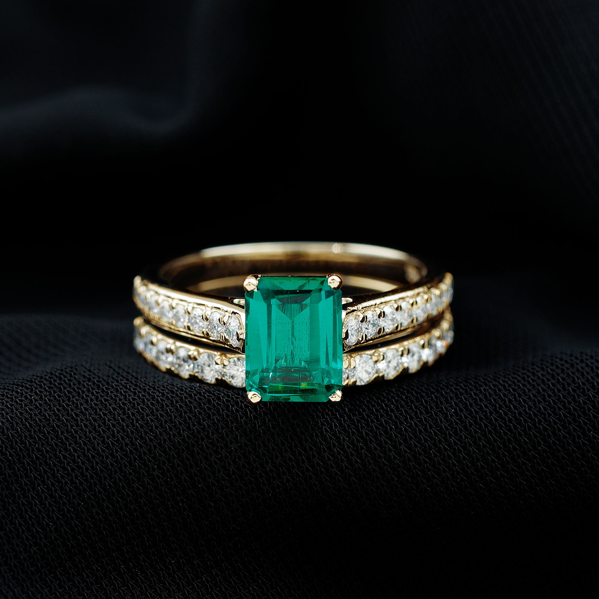 Lab Grown 6X8 mm Emerald Cut Emerald Engagement Ring with Wedding Band AAAA - Rosec Jewels