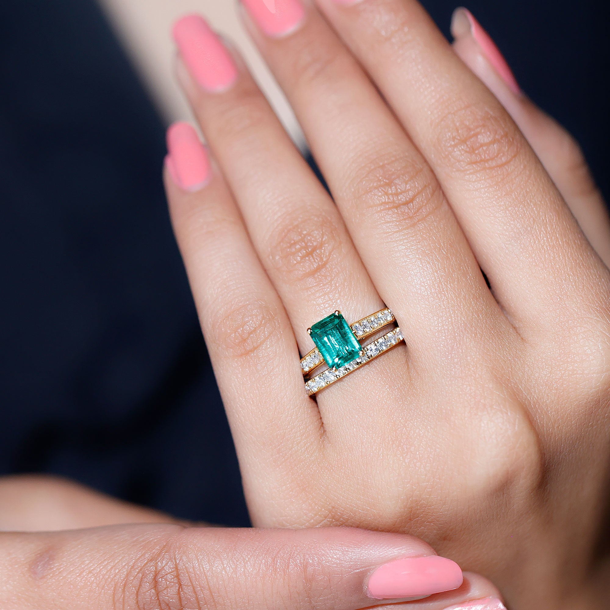 Lab Grown 6X8 mm Emerald Cut Emerald Engagement Ring with Wedding Band AAAA - Rosec Jewels
