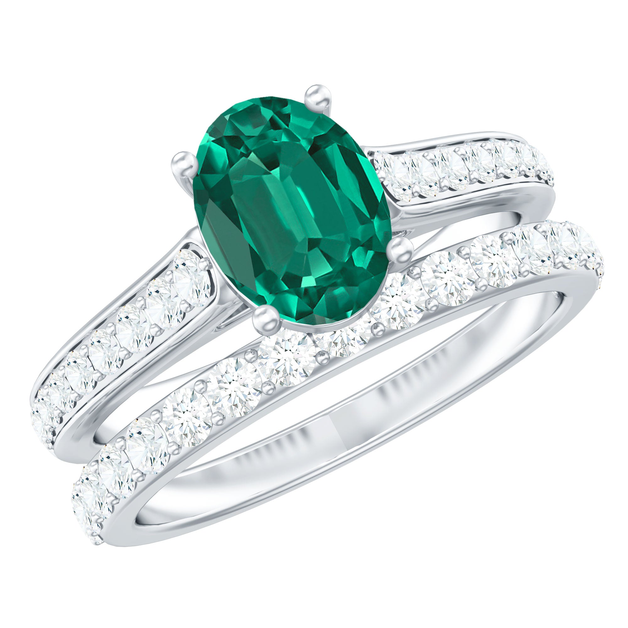 Certified Oval Lab Grown Emerald Wedding Bridal Ring Set of 2 AAAA - Rosec Jewels