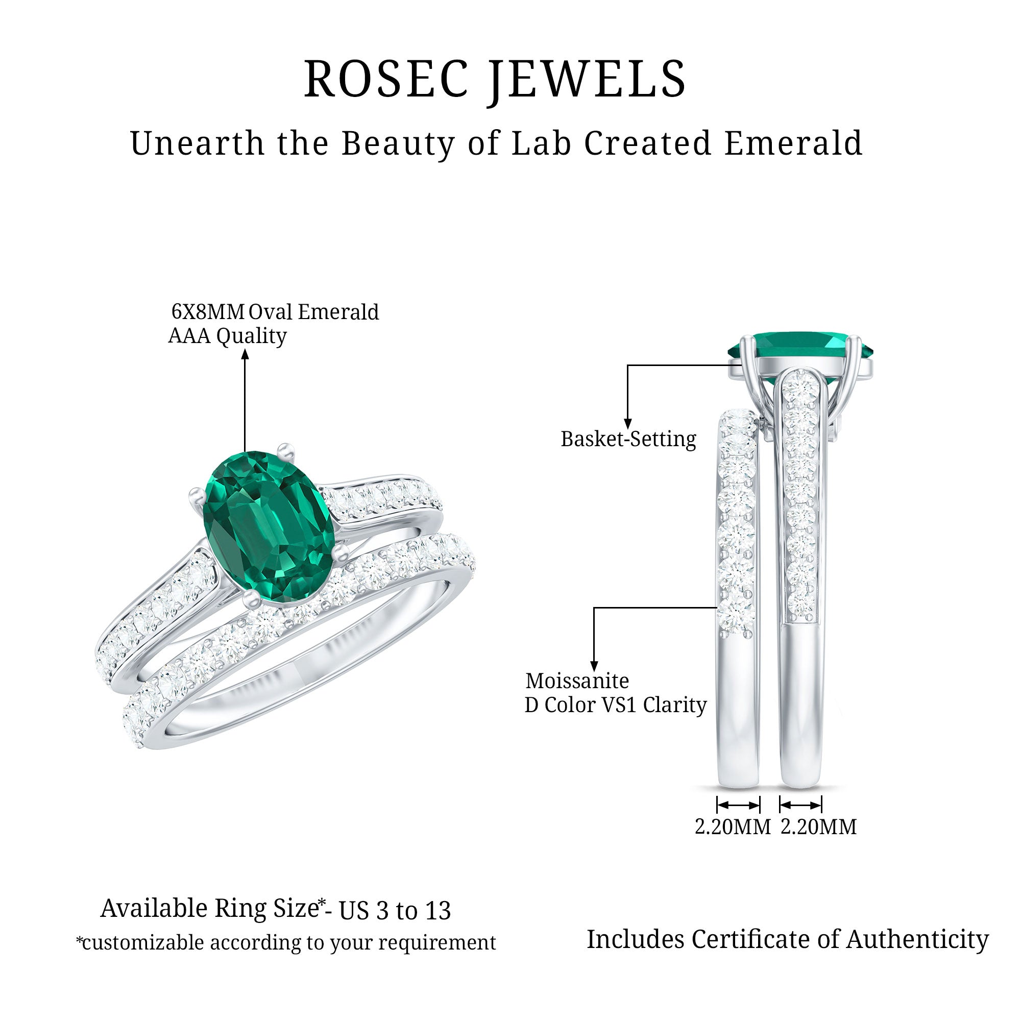 Certified Oval Lab Grown Emerald Wedding Bridal Ring Set of 2 AAAA - Rosec Jewels