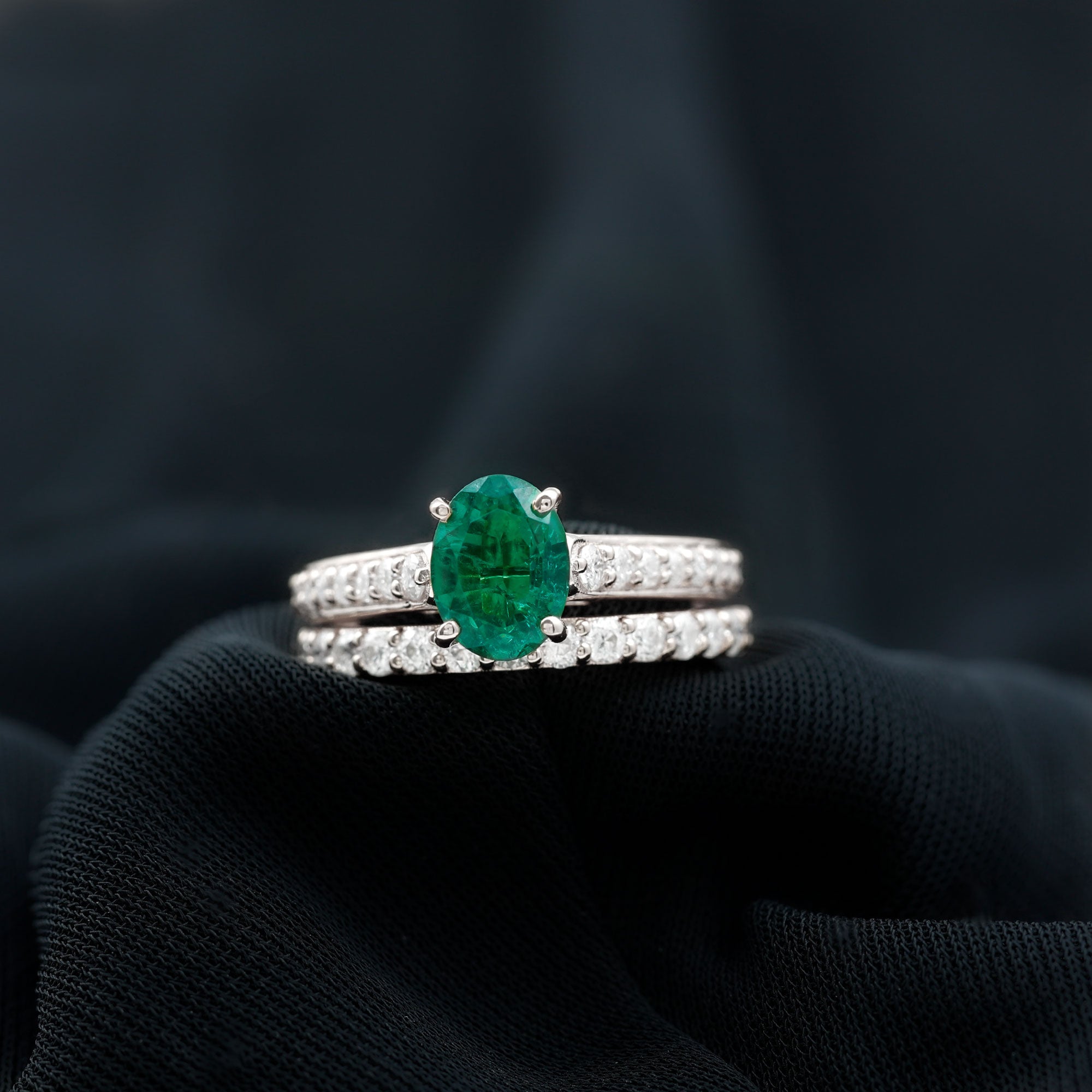 Certified Oval Lab Grown Emerald Wedding Bridal Ring Set of 2 AAAA - Rosec Jewels