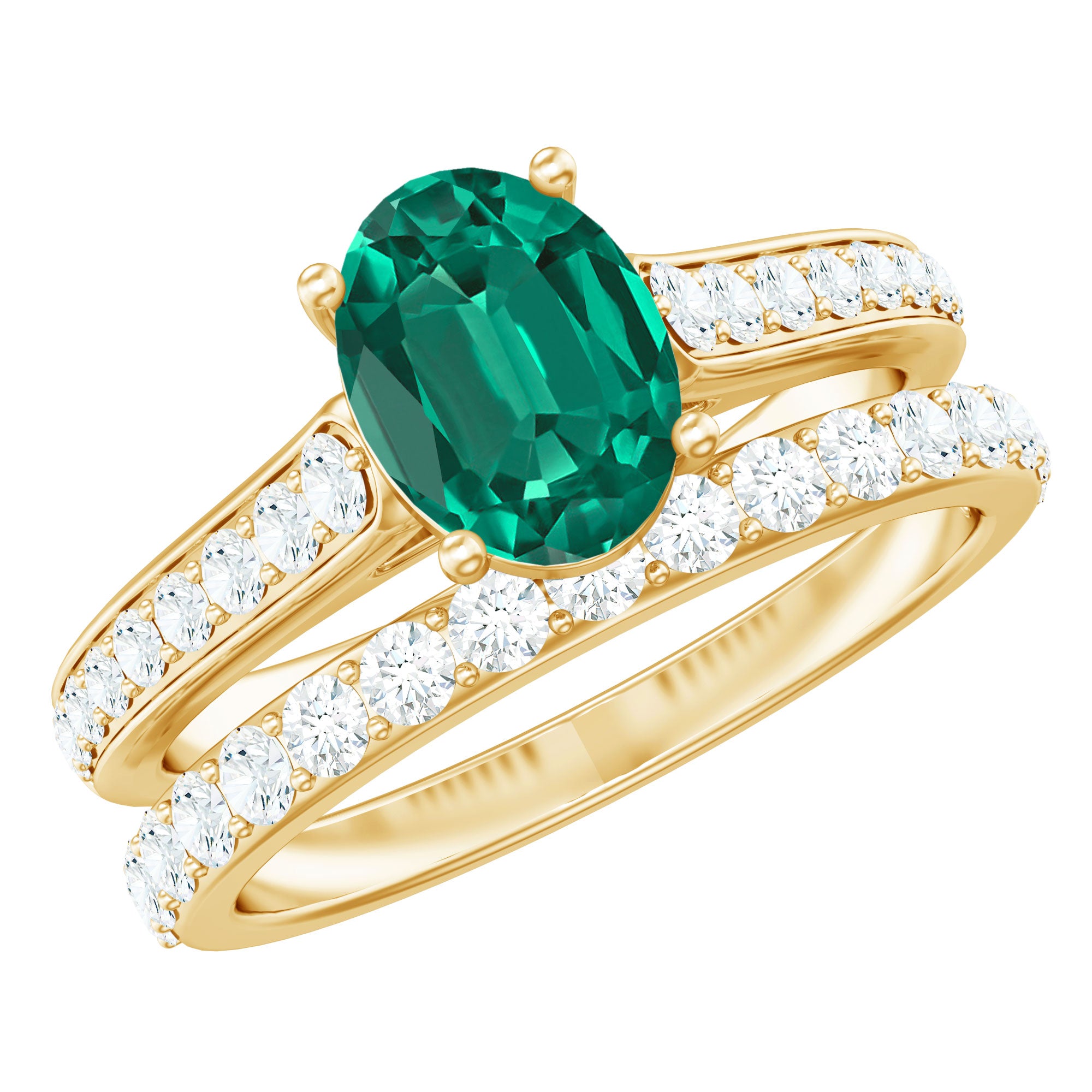 Certified Oval Lab Grown Emerald Wedding Bridal Ring Set of 2 AAAA - Rosec Jewels