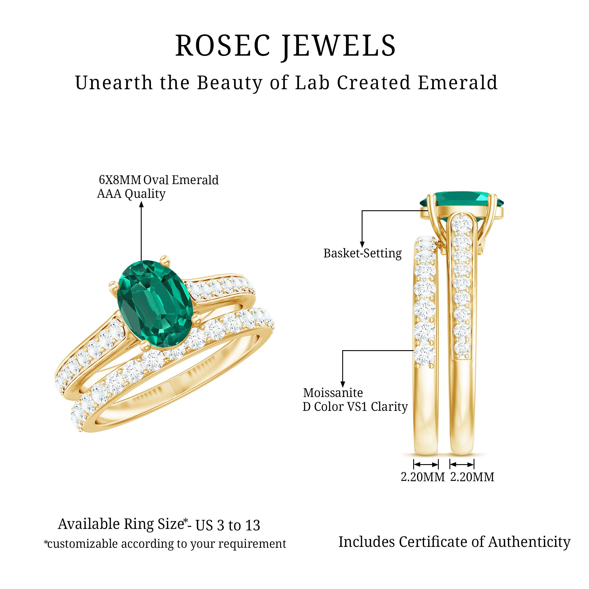 Certified Oval Lab Grown Emerald Wedding Bridal Ring Set of 2 AAAA - Rosec Jewels