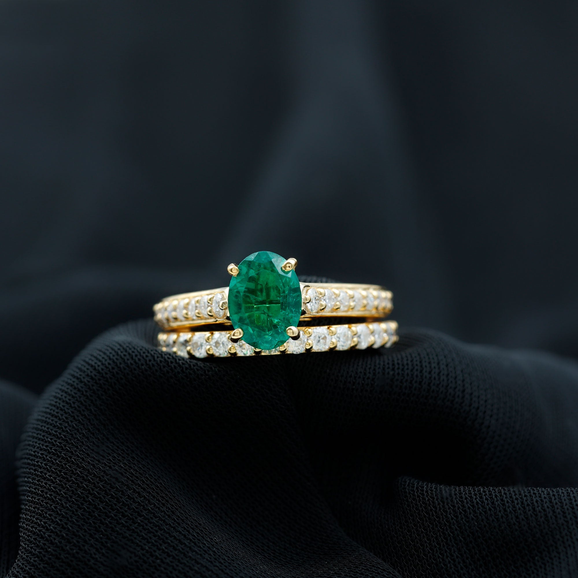 Certified Oval Lab Grown Emerald Wedding Bridal Ring Set of 2 AAAA - Rosec Jewels