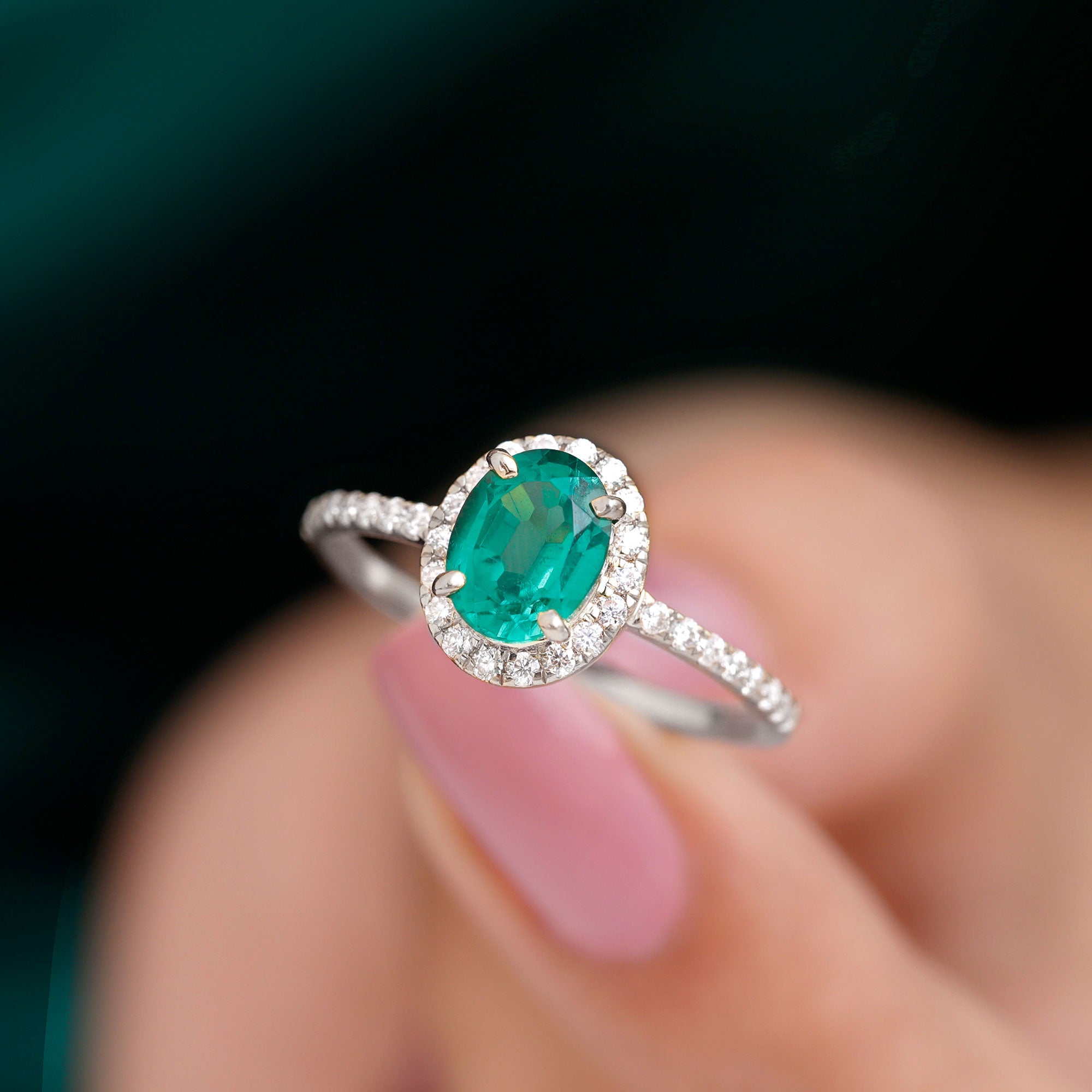 Oval Cut Created Emerald Classic Halo Engagement Ring with Diamond Lab Created Emerald - ( AAAA ) - Quality - Rosec Jewels