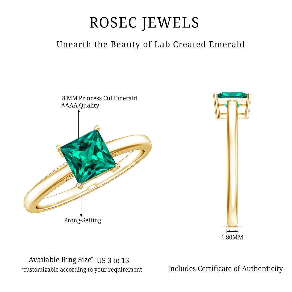 Certified Lab Grown Emerald Princess Cut Engagement Ring AAAA - Rosec Jewels