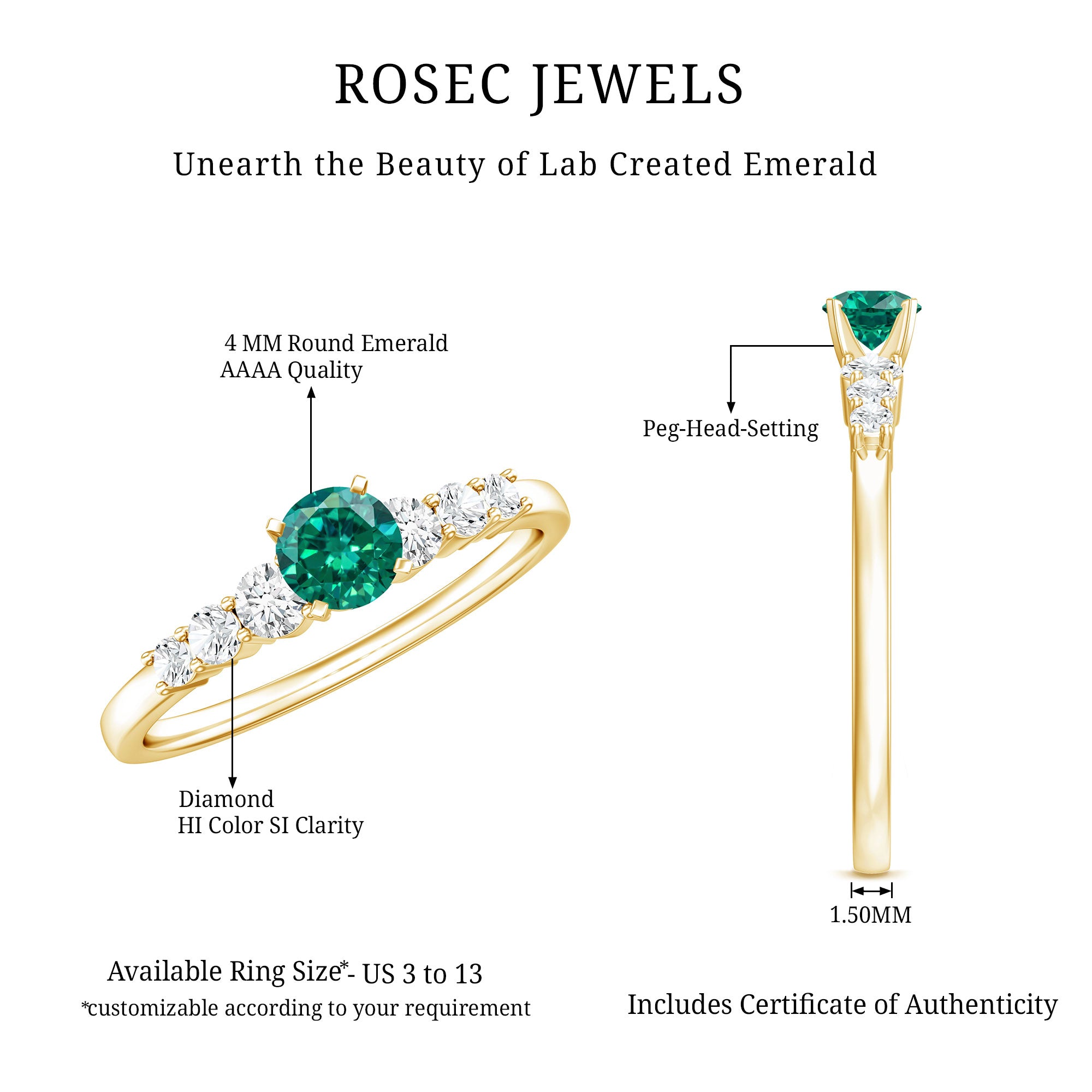 Round Lab Grown Emerald Diamond Promise Ring with Certificate AAAA - Rosec Jewels