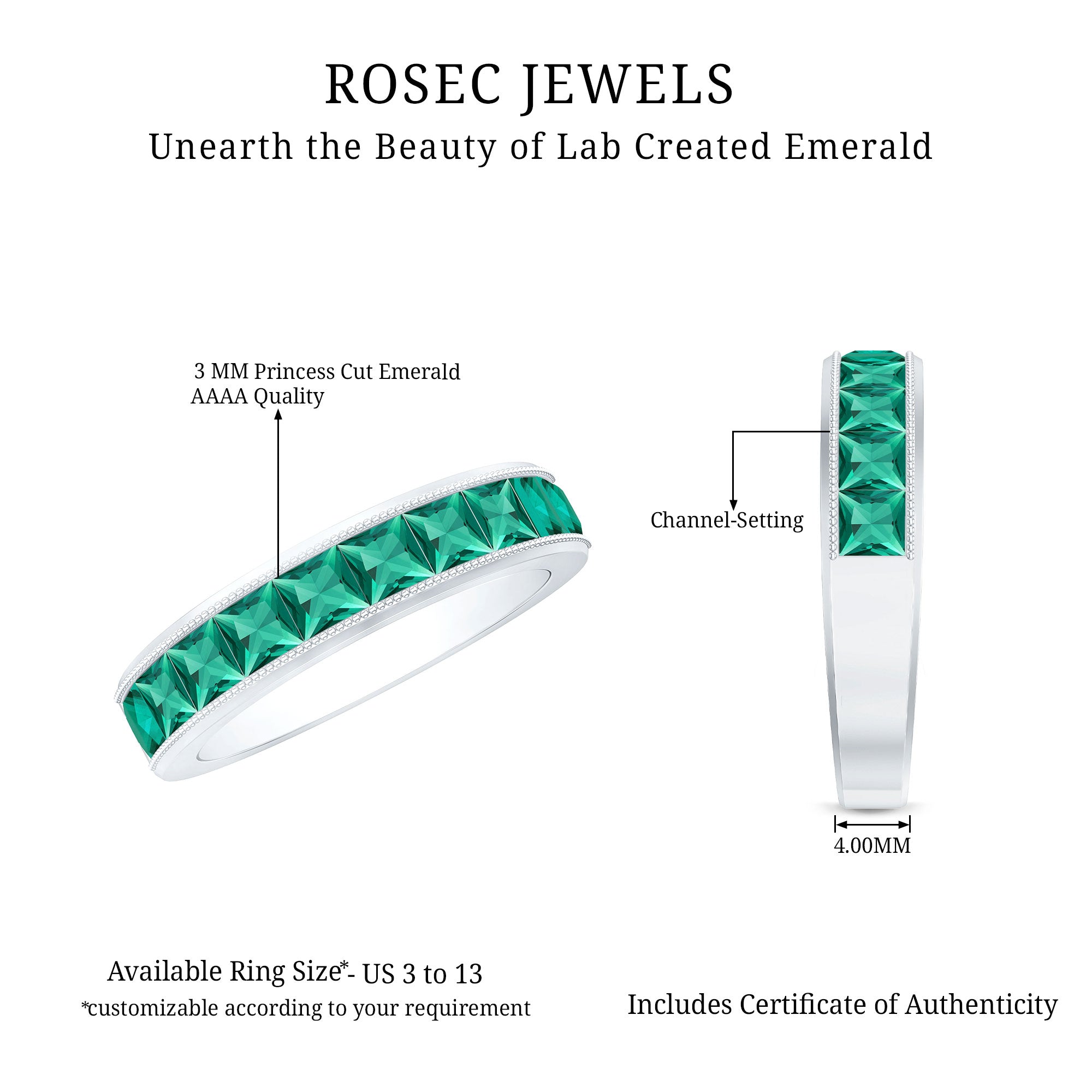 Princess Cut Lab Created Emerald Half Eternity Band AAAA - Rosec Jewels