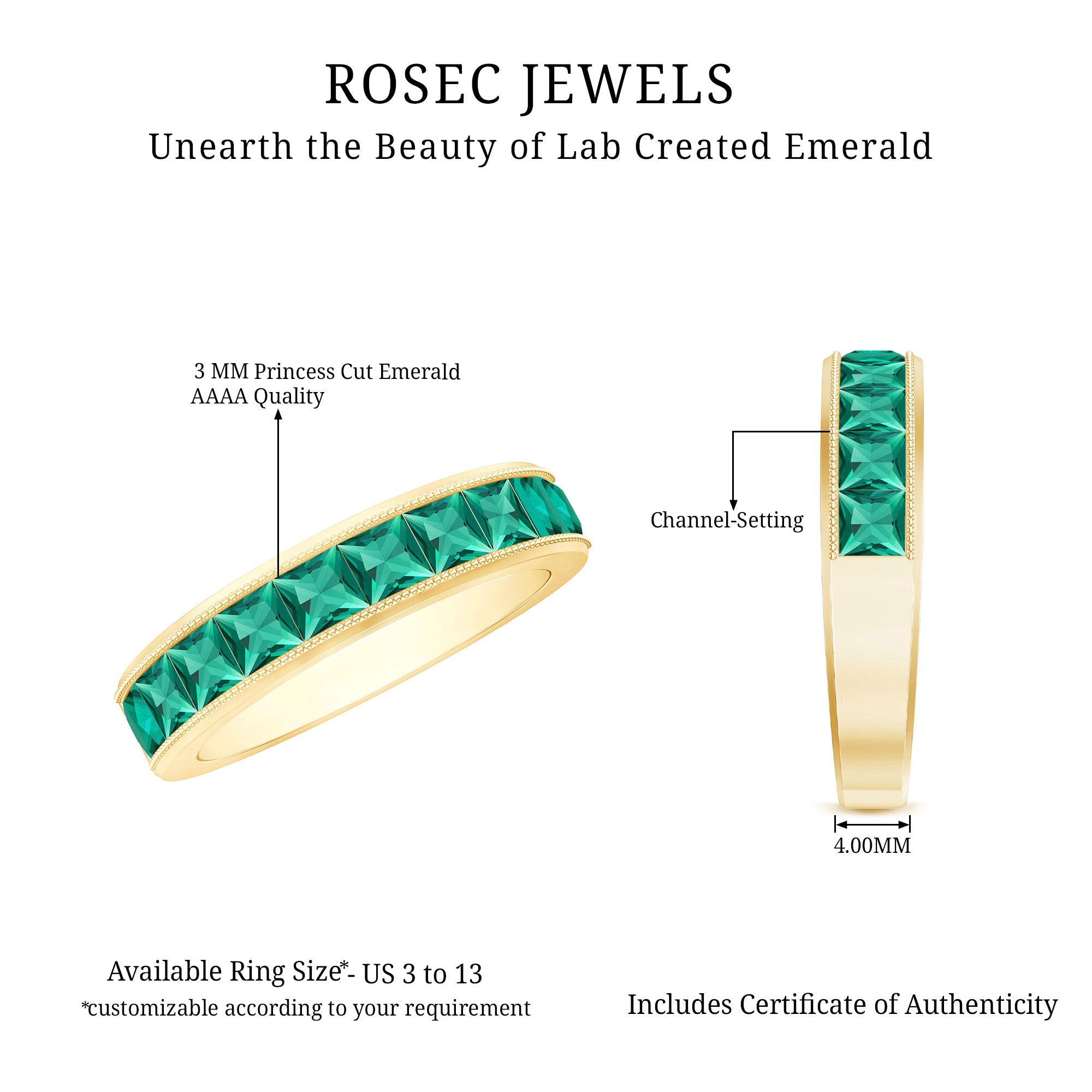 Princess Cut Lab Created Emerald Half Eternity Band AAAA - Rosec Jewels