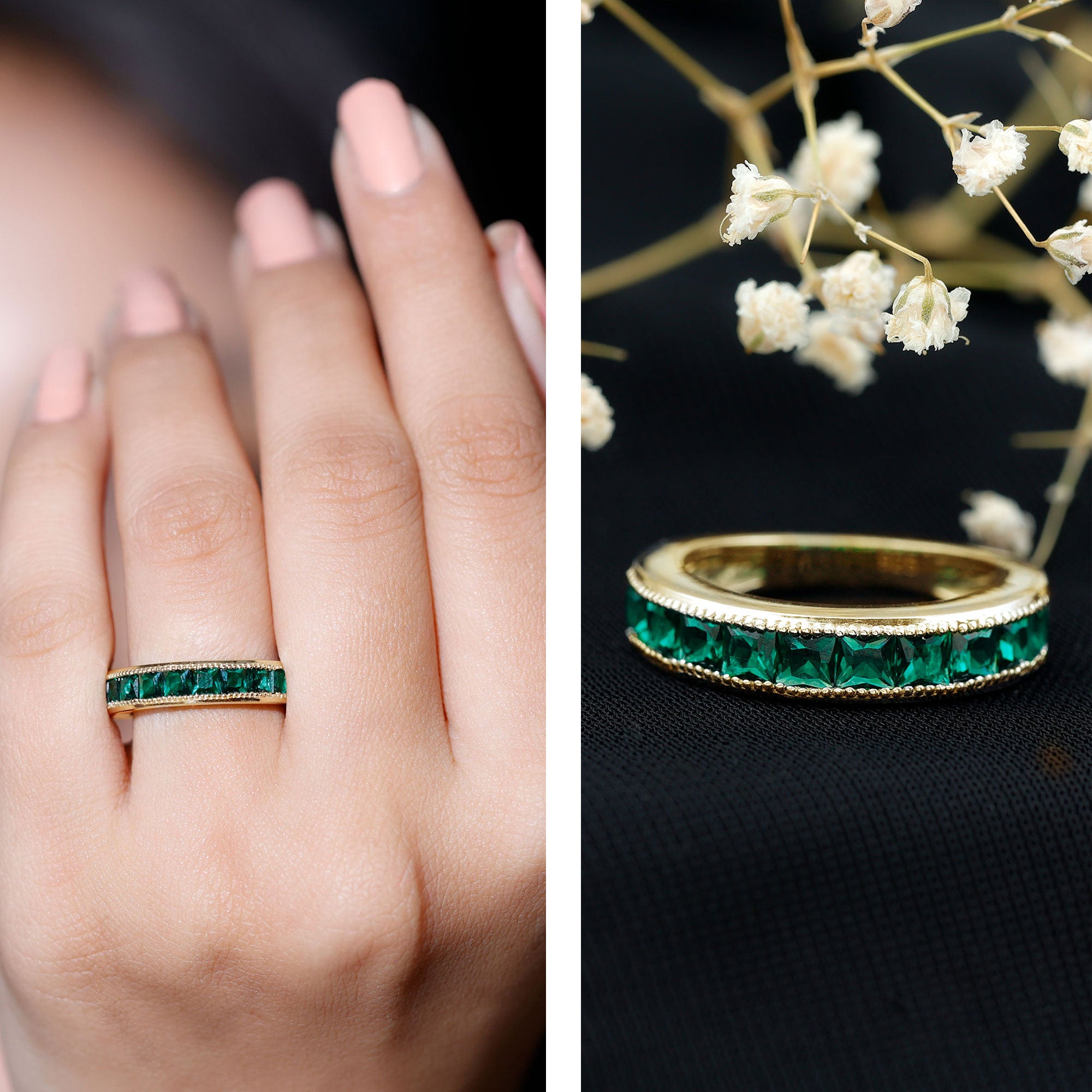 Princess Cut Lab Created Emerald Half Eternity Band AAAA - Rosec Jewels