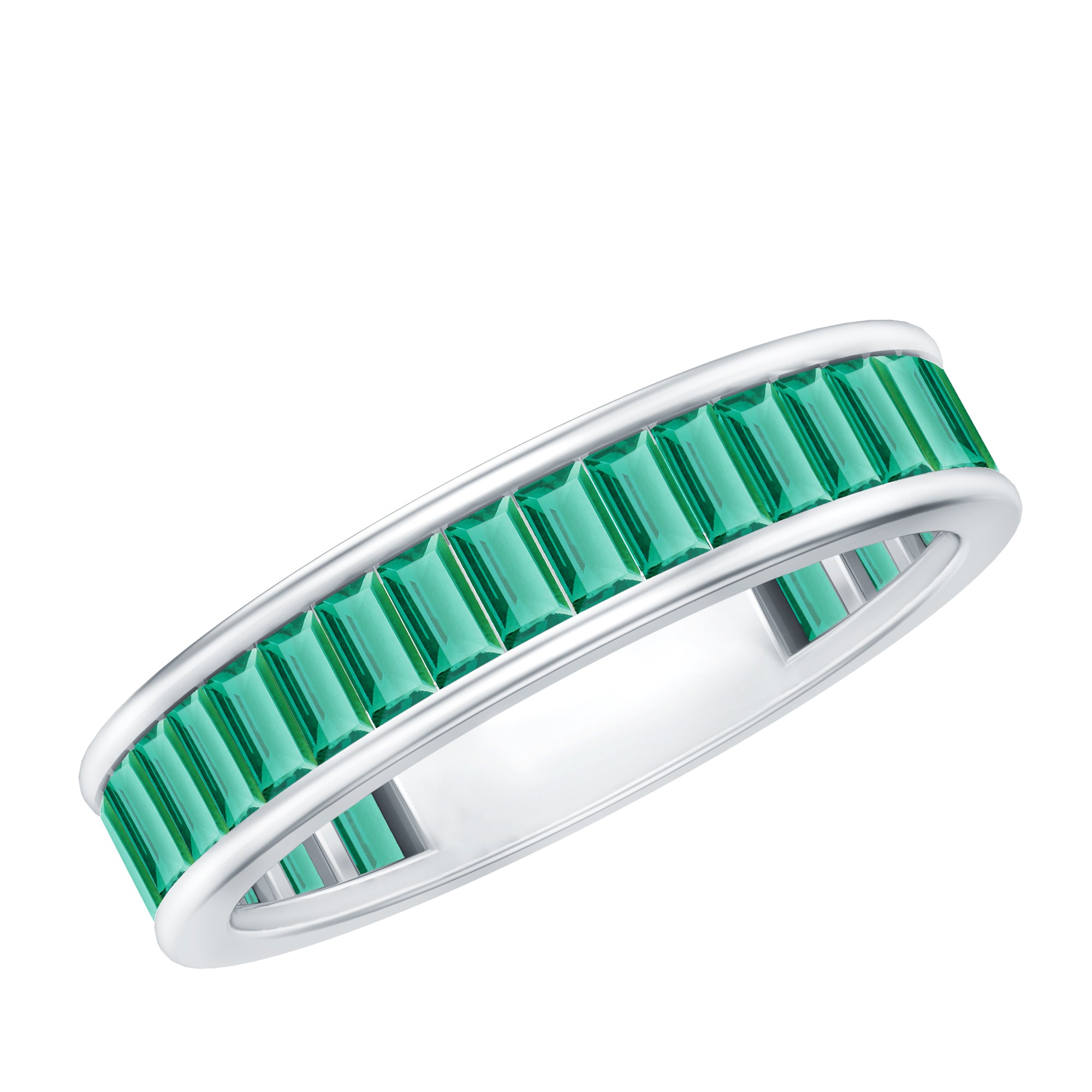 Channel Set Baguette Cut Created Emerald Eternity Band Ring