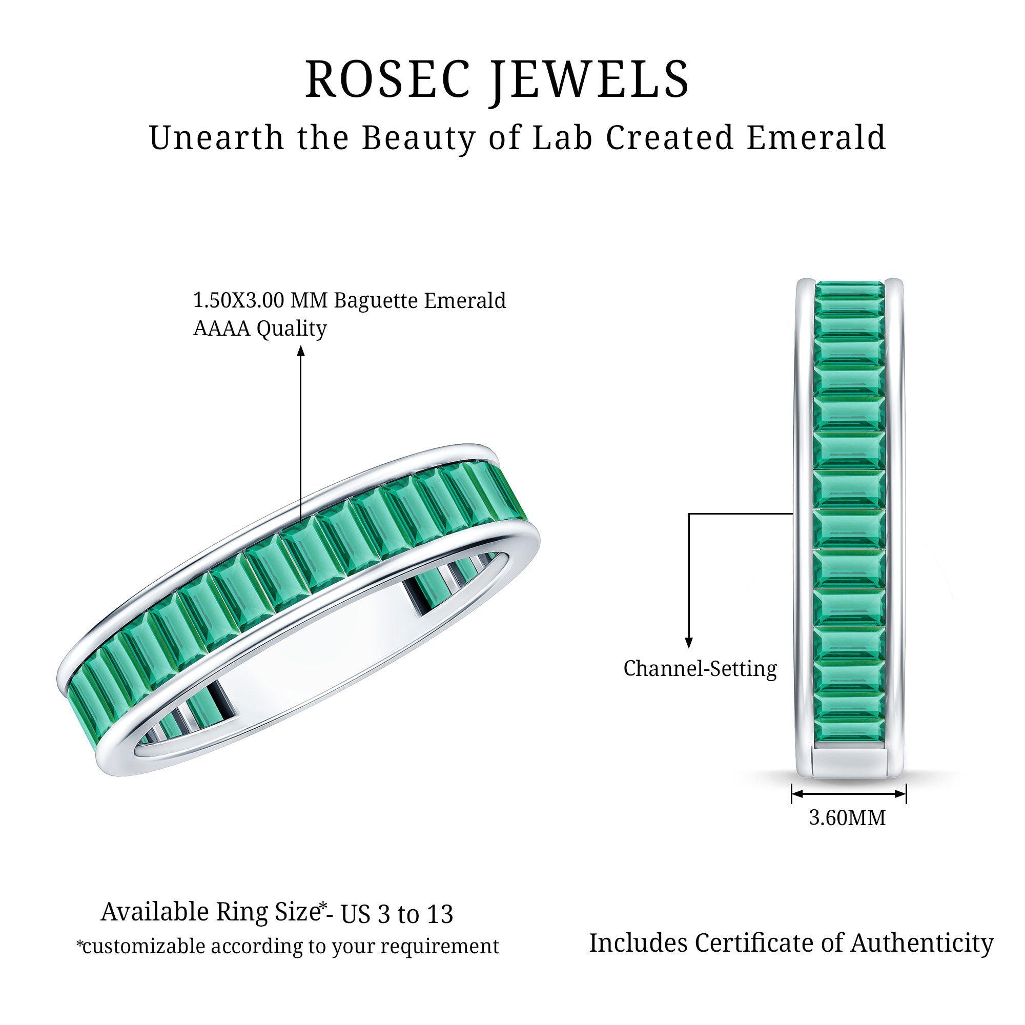 Channel Set Baguette Cut Created Emerald Eternity Band Ring AAAA - Rosec Jewels