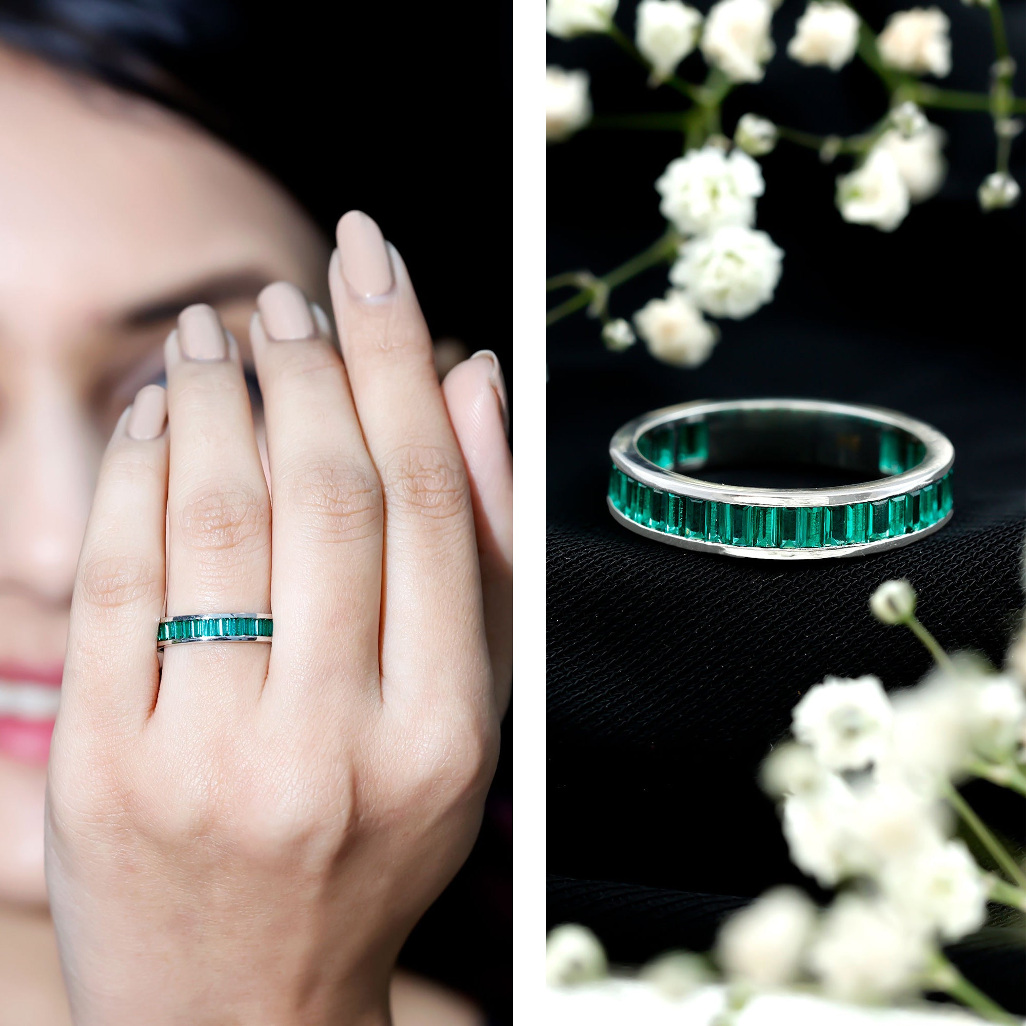 Channel Set Baguette Cut Created Emerald Eternity Band Ring AAAA - Rosec Jewels